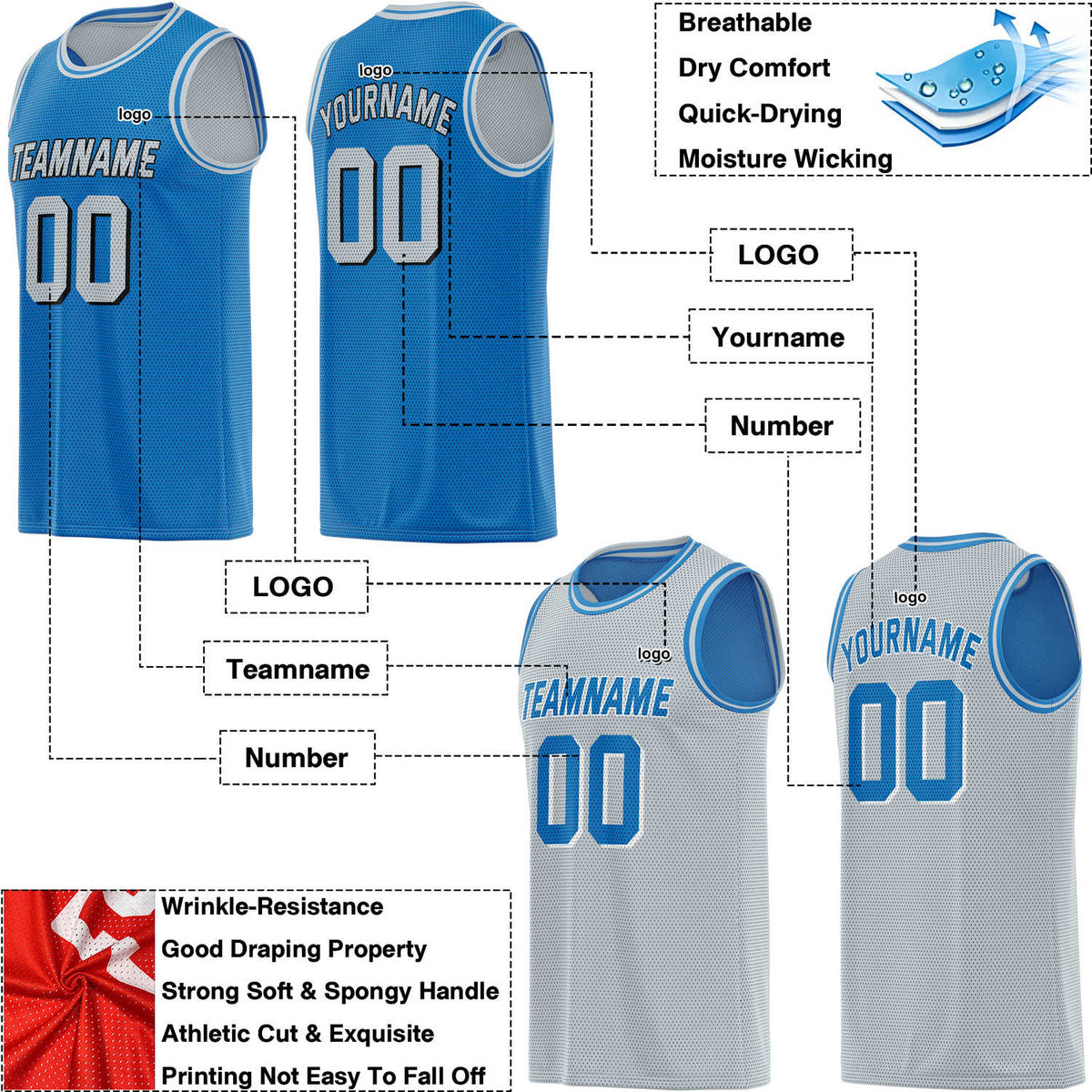 Custom Reversible Blue & Grey Mesh Basketball Jersey | Personalized Team Jersey | Vosoli