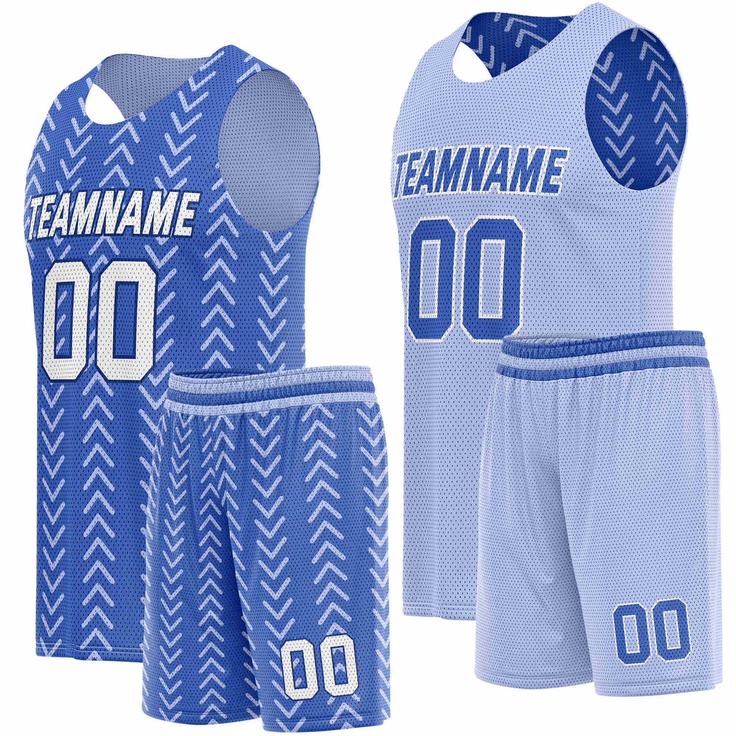 Custom Reversible Basketball Jersey + Shorts Set (Blue & Light Blue Chevron) - Personalized Team Name, Number & LOGO | Vosoli