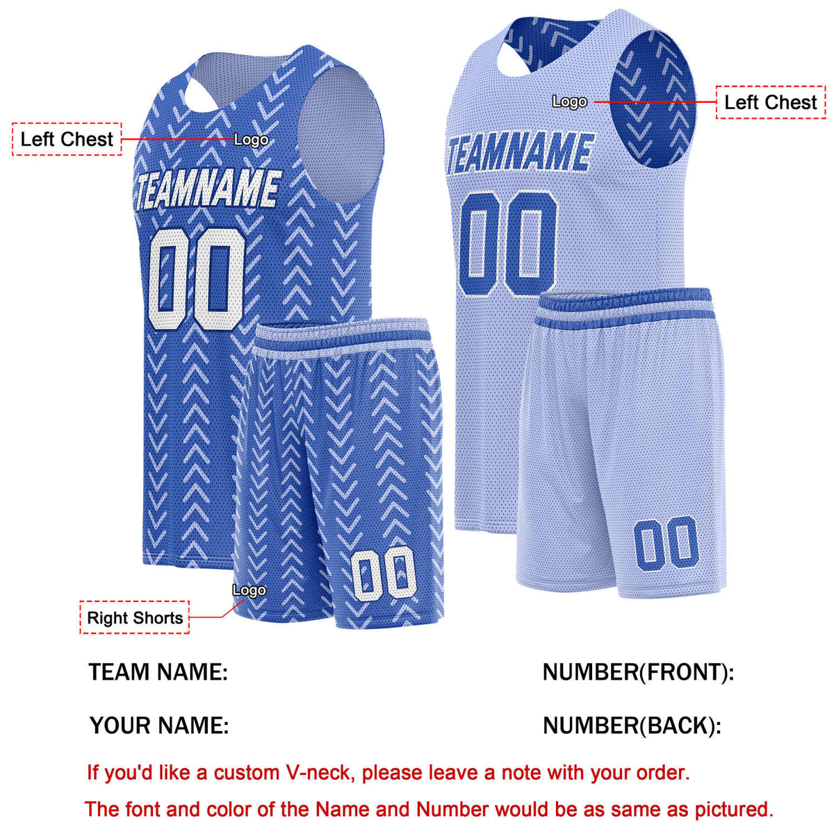 Custom Reversible Basketball Jersey + Shorts Set (Blue & Light Blue Chevron) - Personalized Team Name, Number & LOGO | Vosoli