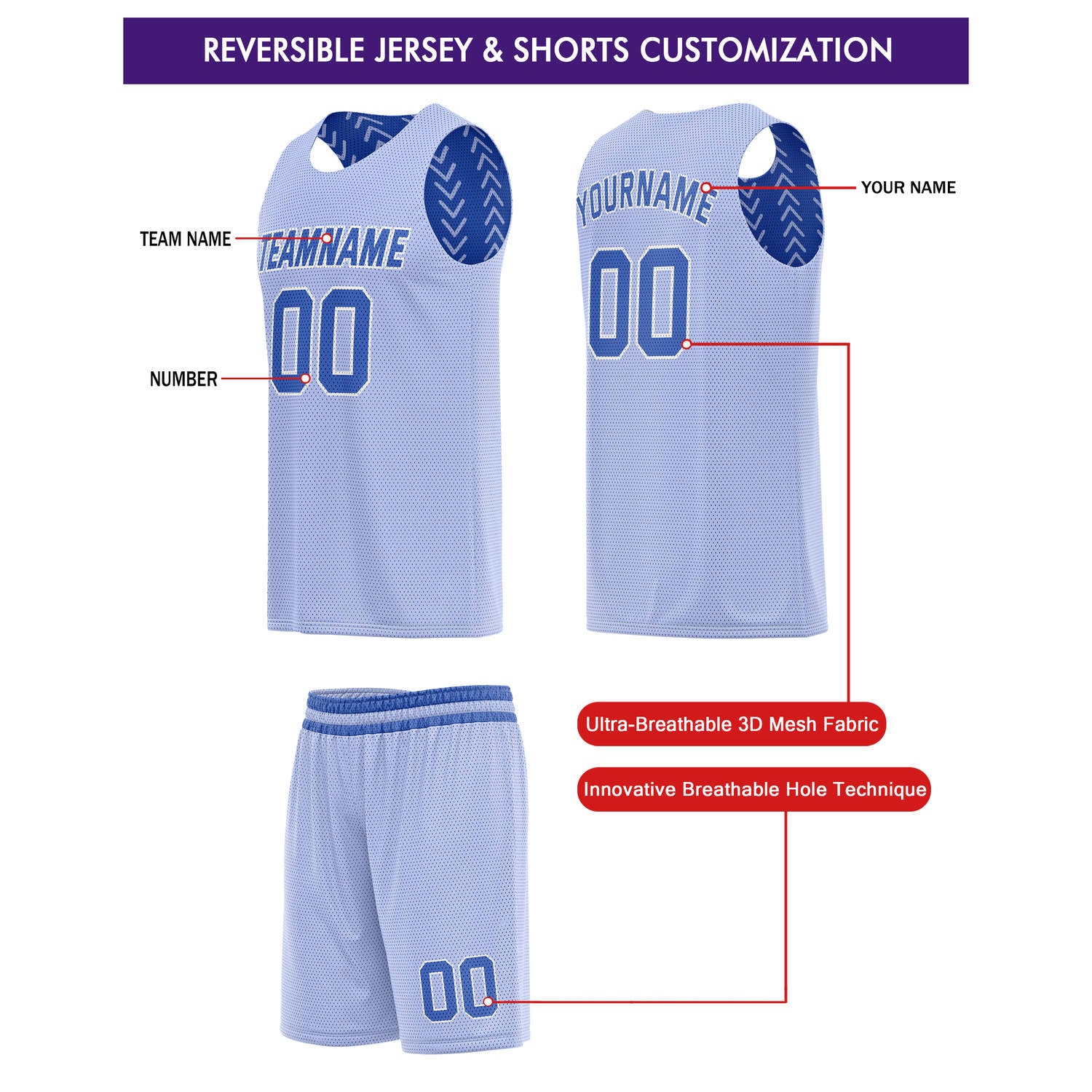 Custom Reversible Basketball Jersey + Shorts Set (Blue & Light Blue Chevron) - Personalized Team Name, Number & LOGO | Vosoli