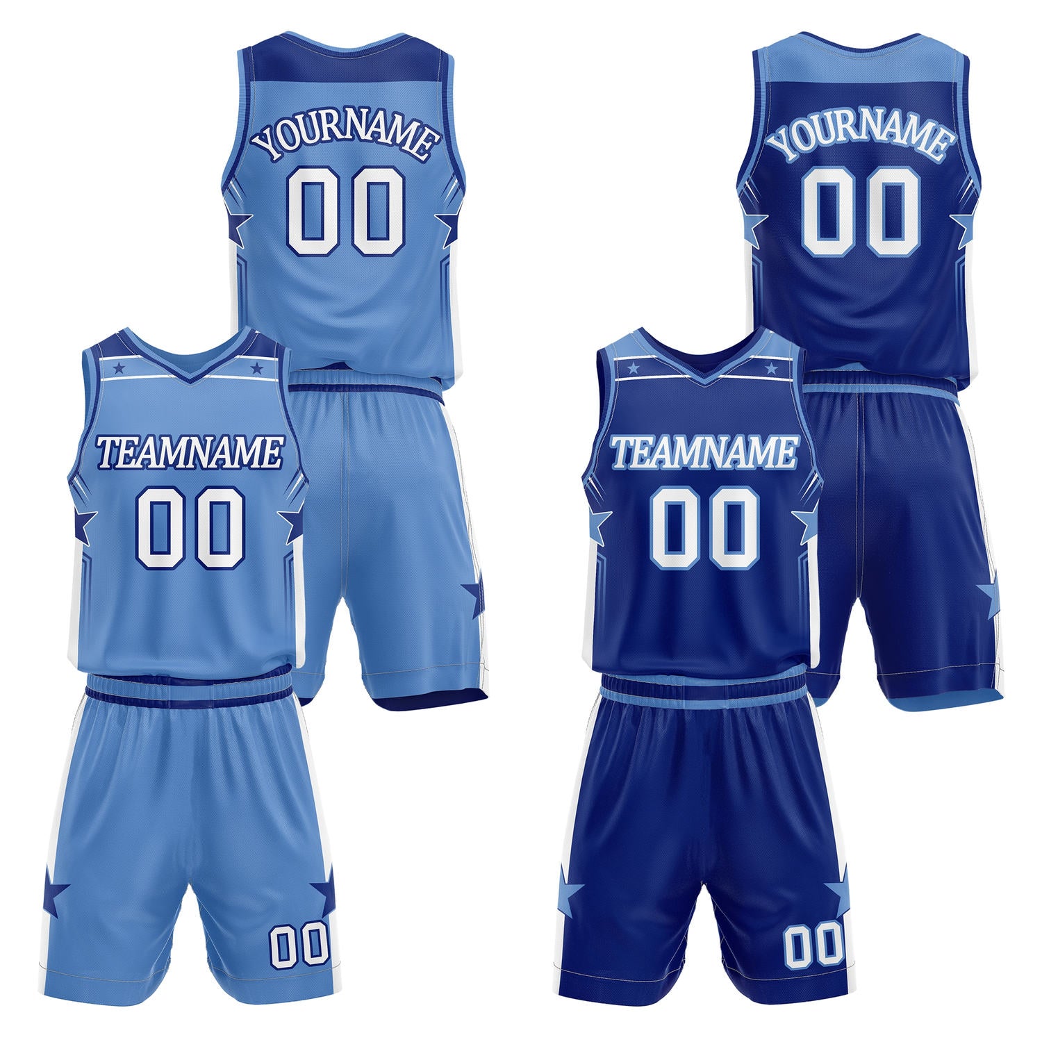 Custom reversible light blue & navy basketball uniform set, personalized with team name number and logo, breathable mesh fabric for men women youth game practice - Vosoli