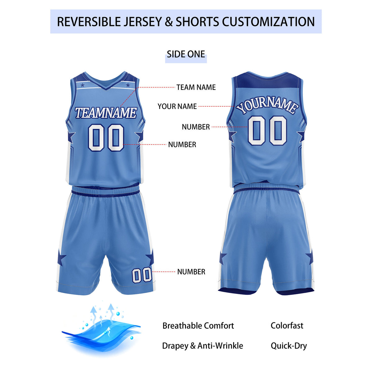 Custom Reversible Blue Navy Star Basketball Uniform Set | Team Name & Number - Vosoli