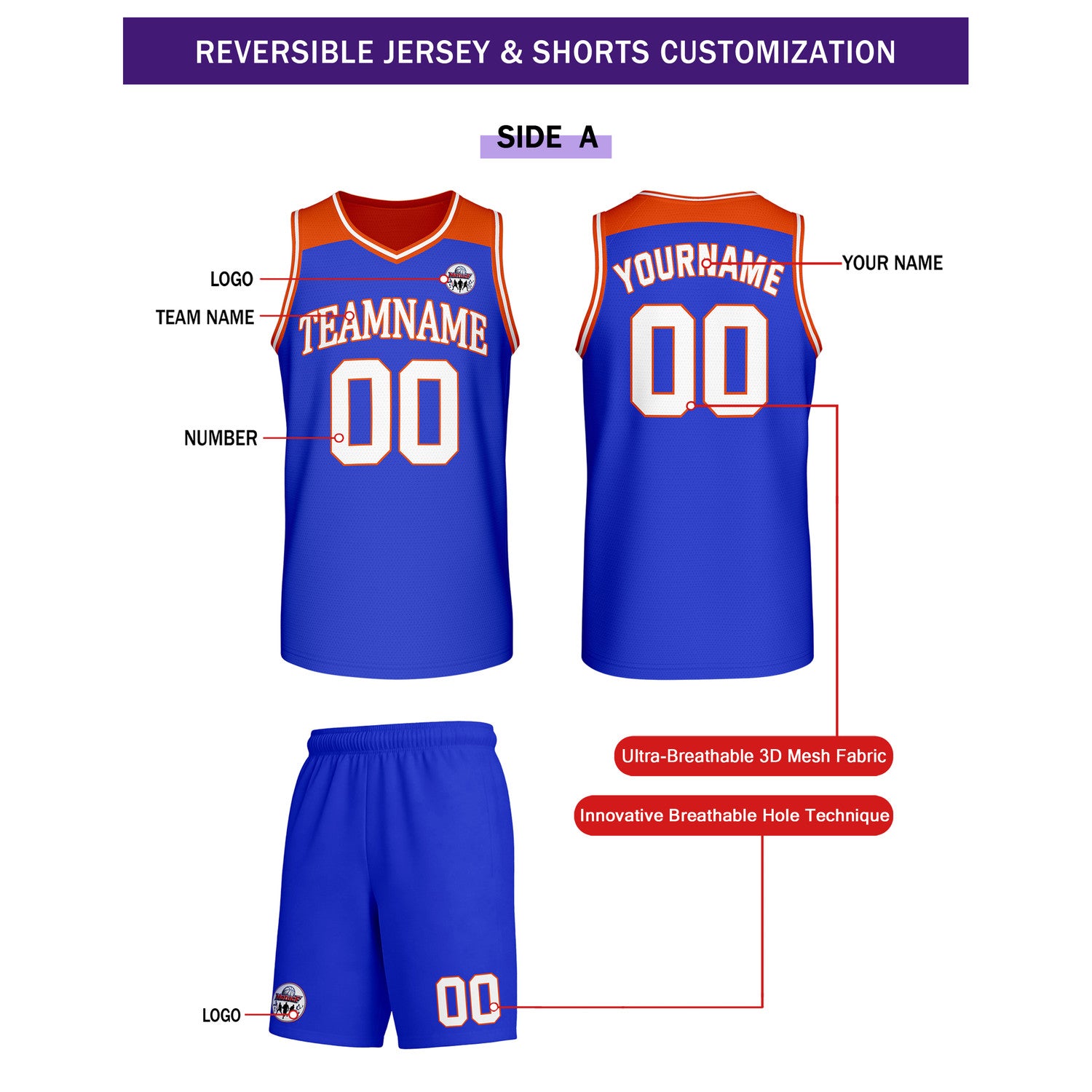 Custom Reversible Blue Orange Basketball Uniform Set | Team Name & Number - Vosoli