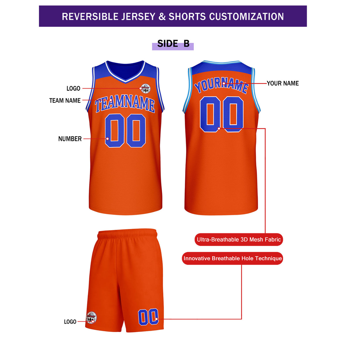 Custom Reversible Blue Orange Basketball Uniform Set | Team Name & Number - Vosoli