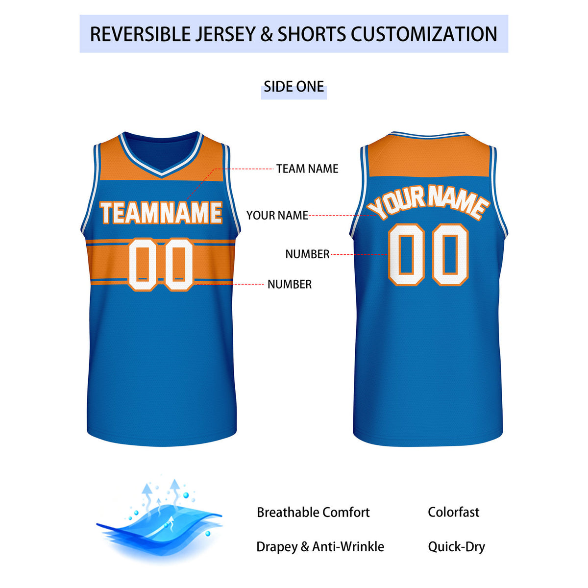 Custom Reversible Blue Orange Block Basketball Jersey | Team & Player Name - Vosoli
