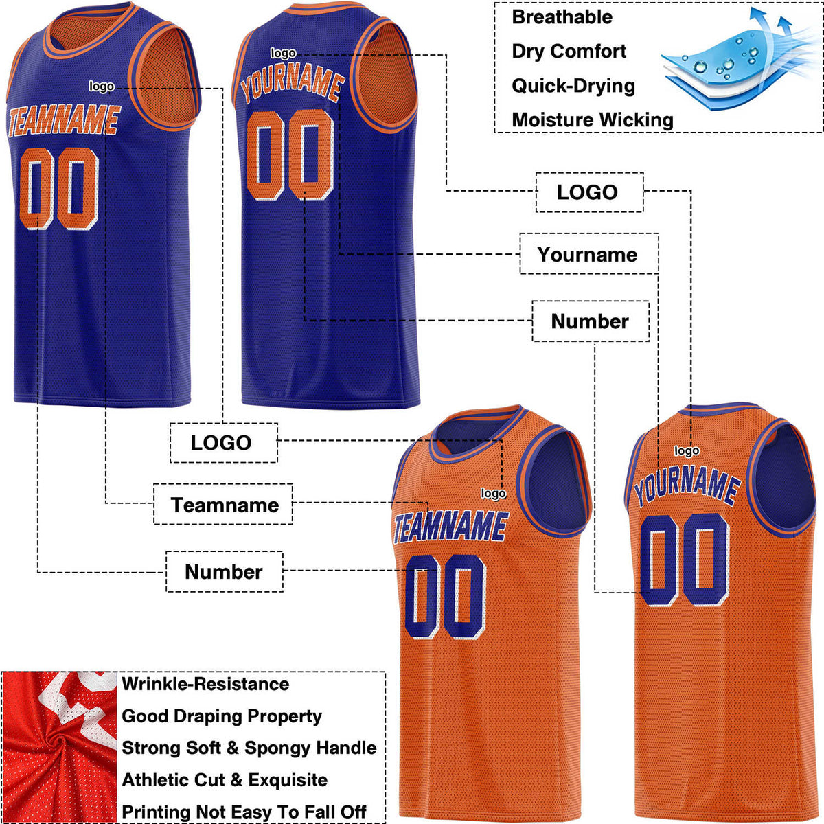 Custom Reversible Blue & Orange Mesh Basketball Jersey | Personalized Team Jersey | Vosoli