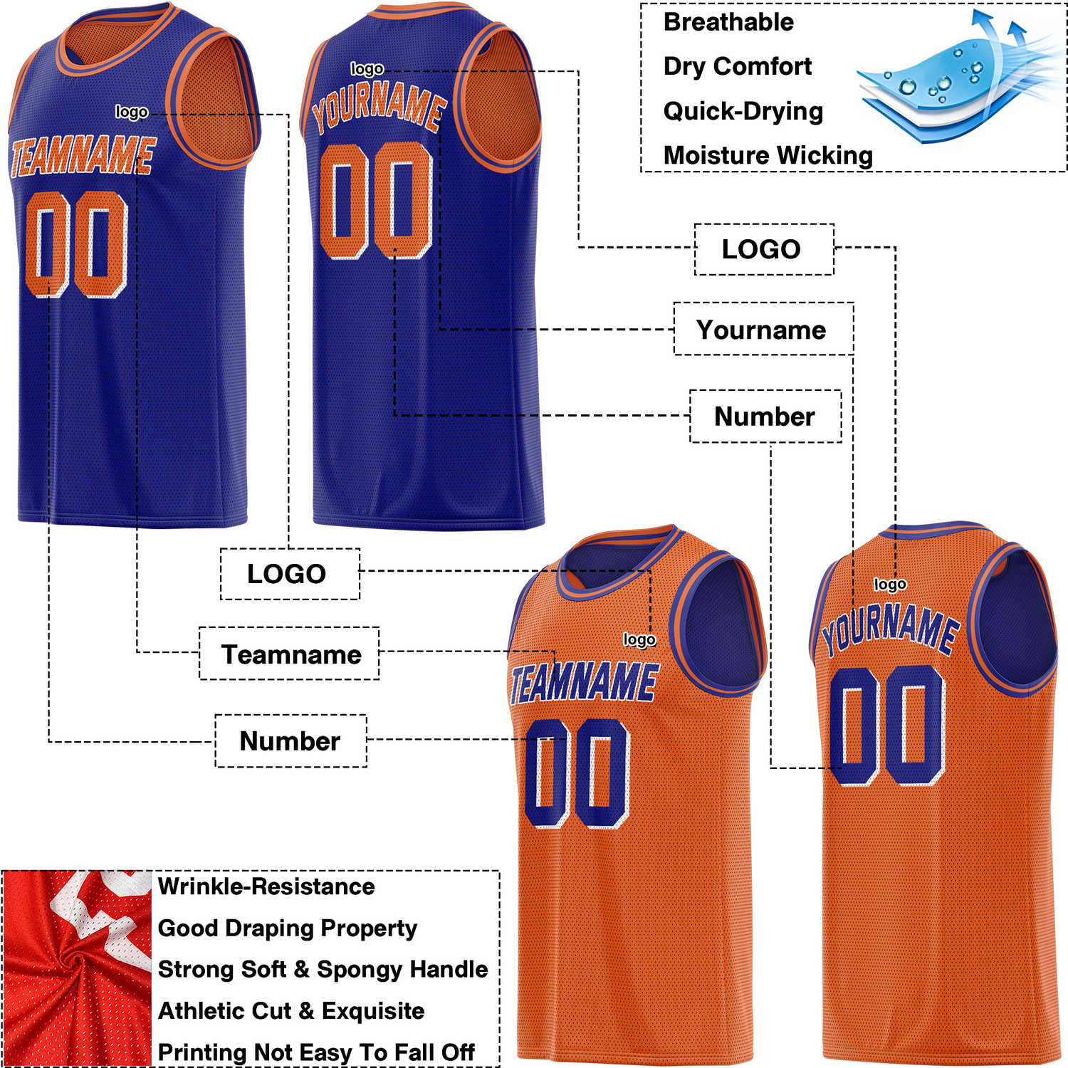 Custom reversible blue orange basketball jersey, personalized team name number Logo breathable Mesh sports top for men women youth game practice - Vosoli