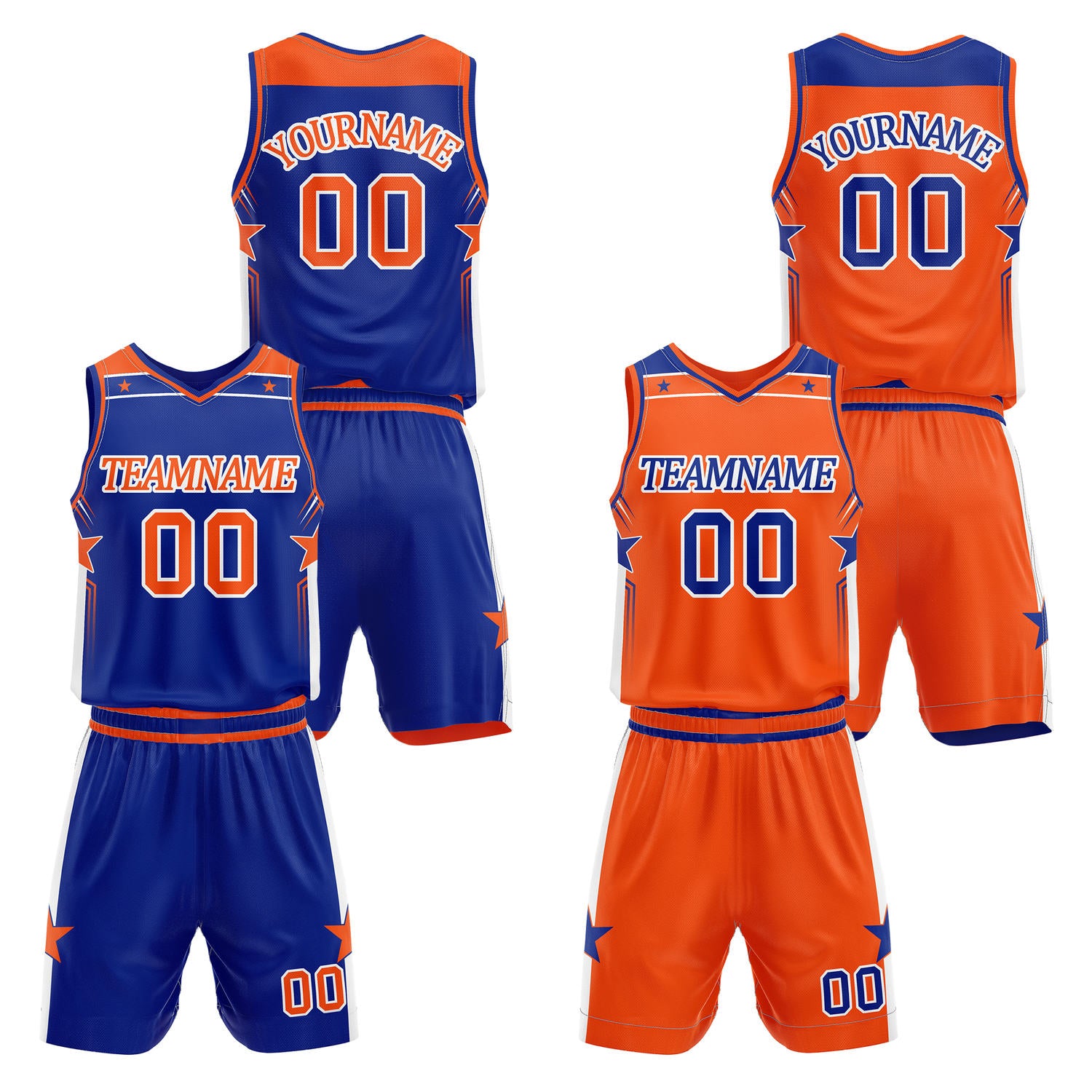 Custom reversible blue & orange basketball uniform set, personalized with team name number and logo, breathable mesh fabric for men women youth game practice - Vosoli