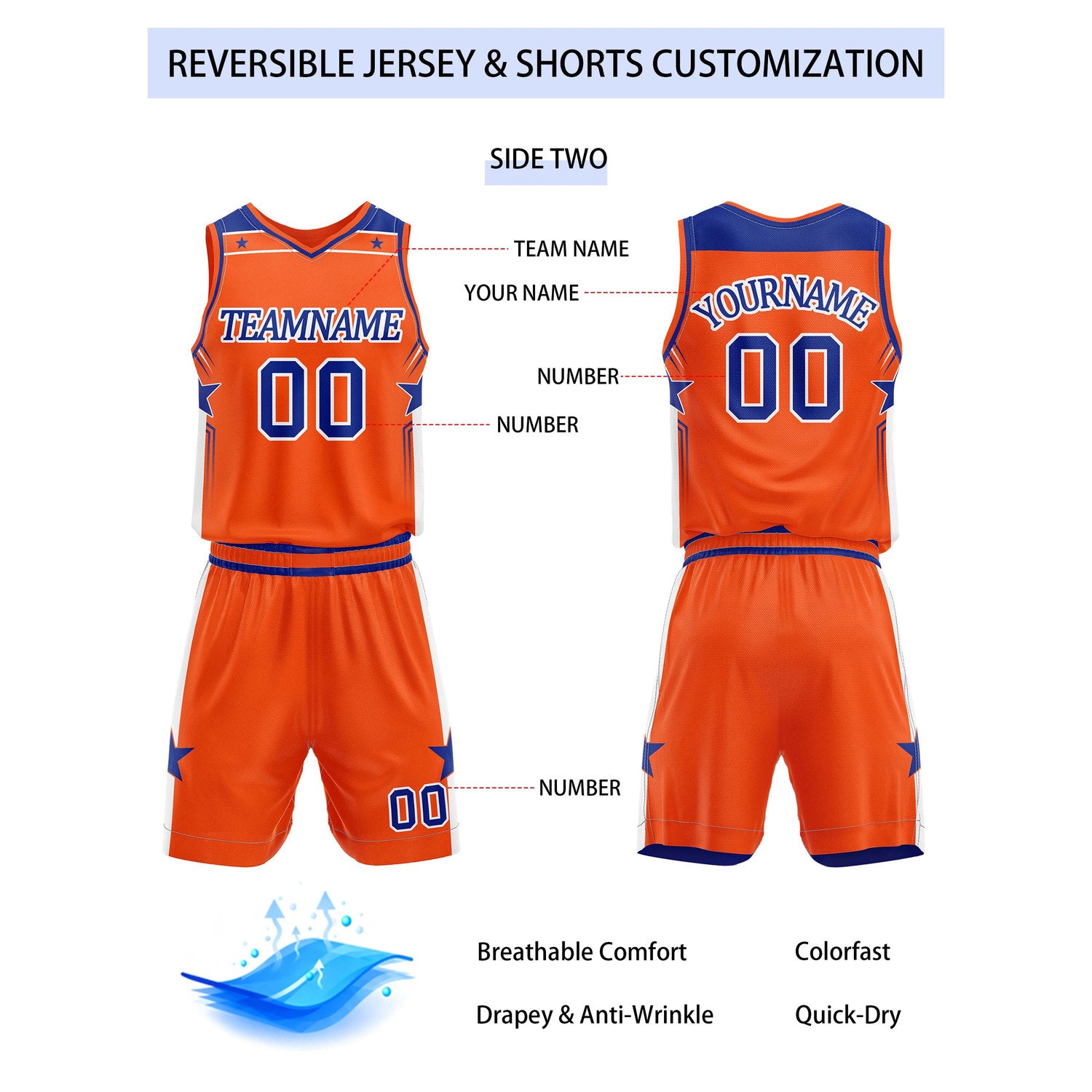 Custom Reversible Blue Orange Star Basketball Uniform Set | Team Name & Number - Vosoli
