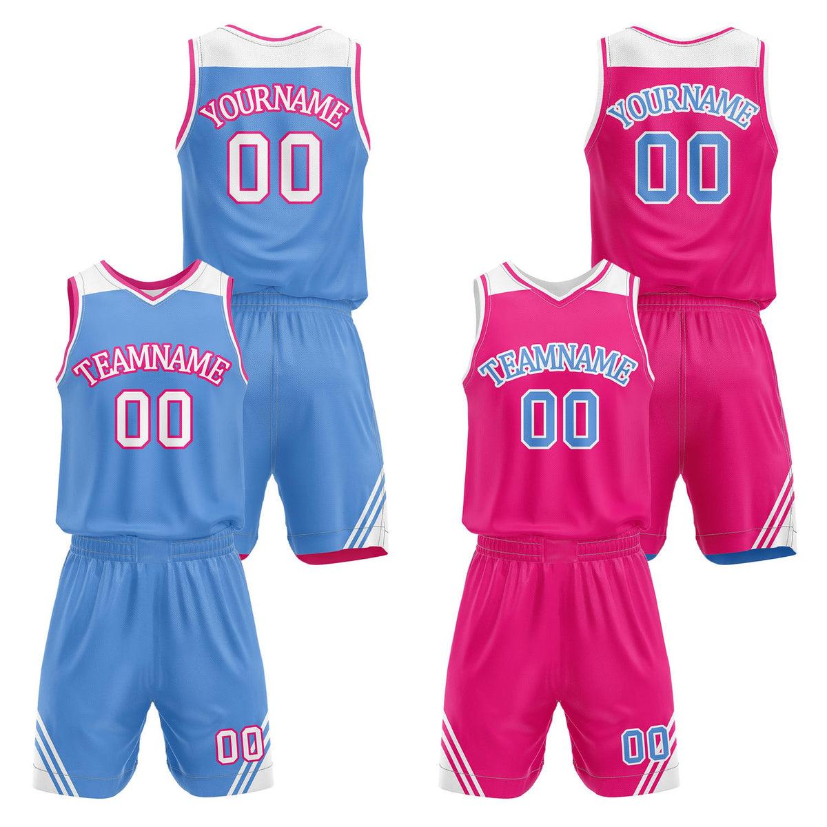 Custom reversible blue &amp; pink basketball uniform set, personalized with team name number and logo, breathable mesh fabric for men women youth game practice - Vosoli