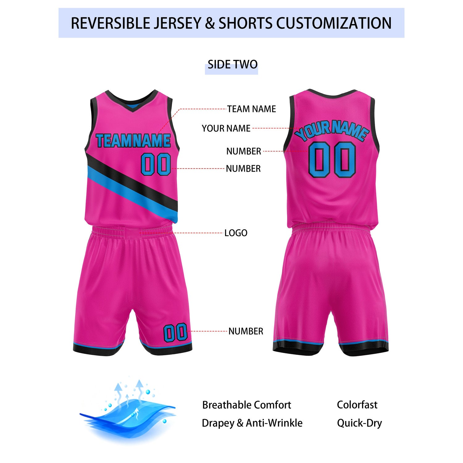 Custom Reversible Blue Pink Basketball Uniform Set | Team & Player Name - Vosoli