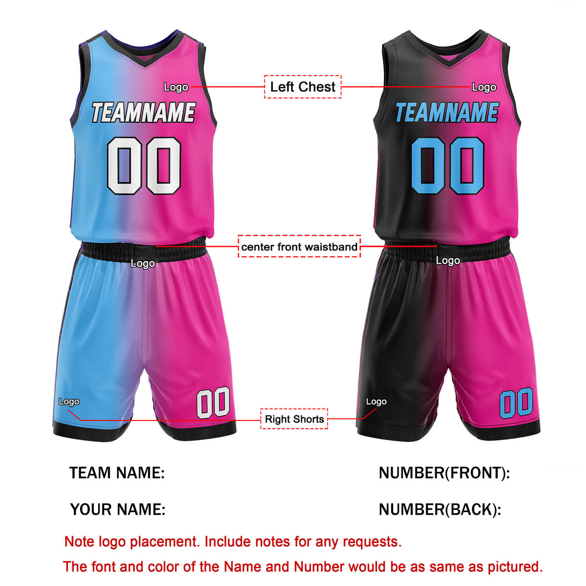Custom Reversible Blue Pink Black Basketball Uniform Set | Team & Player Name - Vosoli