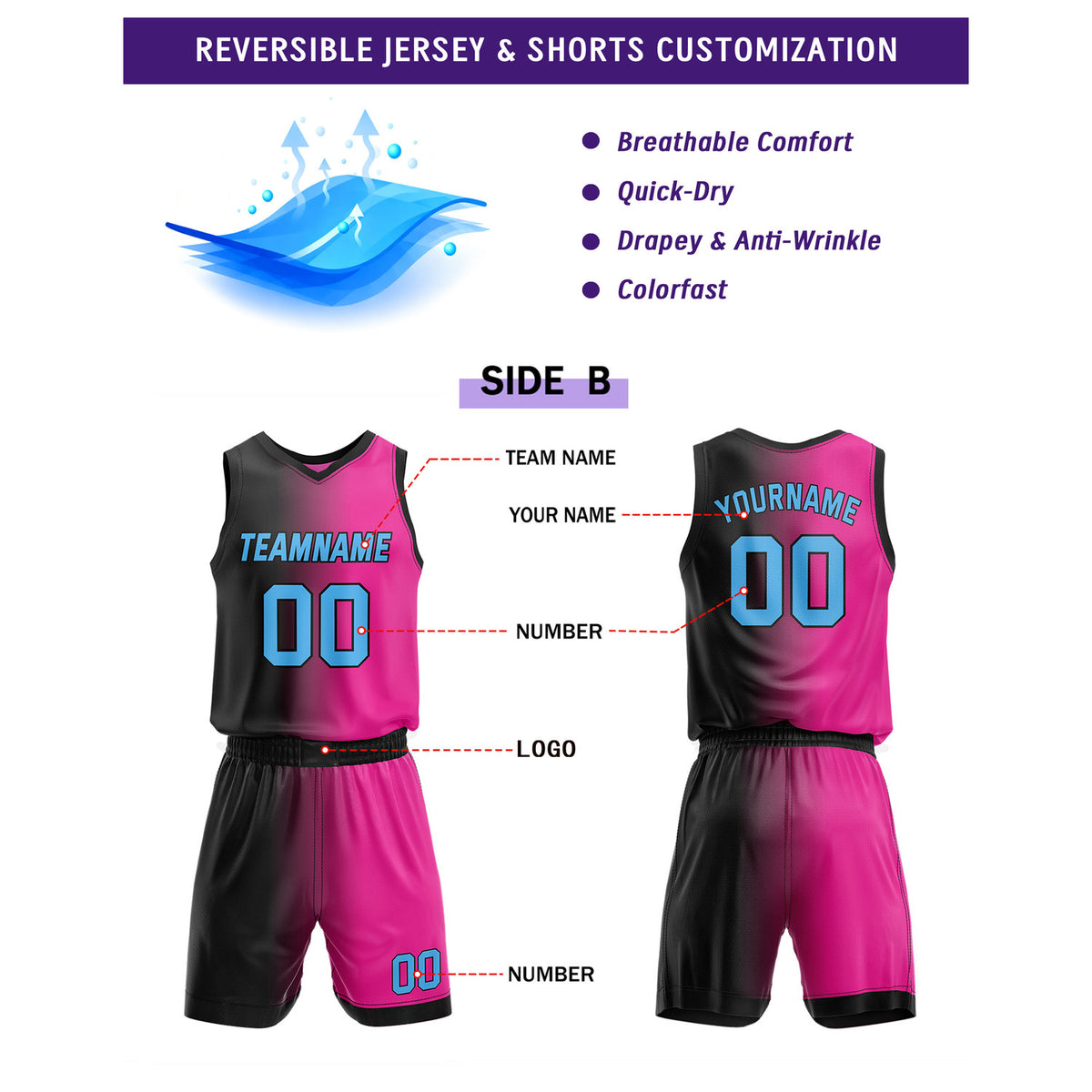 Custom Reversible Blue Pink Black Basketball Uniform Set | Team & Player Name - Vosoli