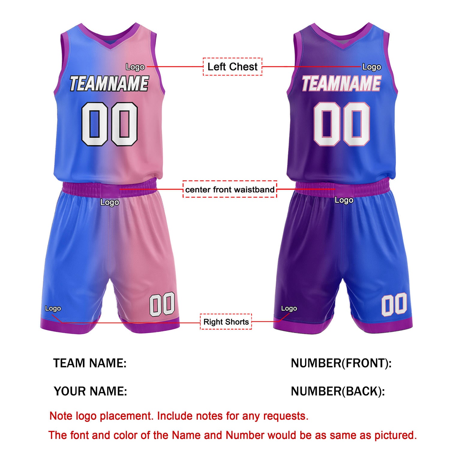 Custom Reversible Blue Pink Purple Basketball Uniform Set | Team & Player Name - Vosoli