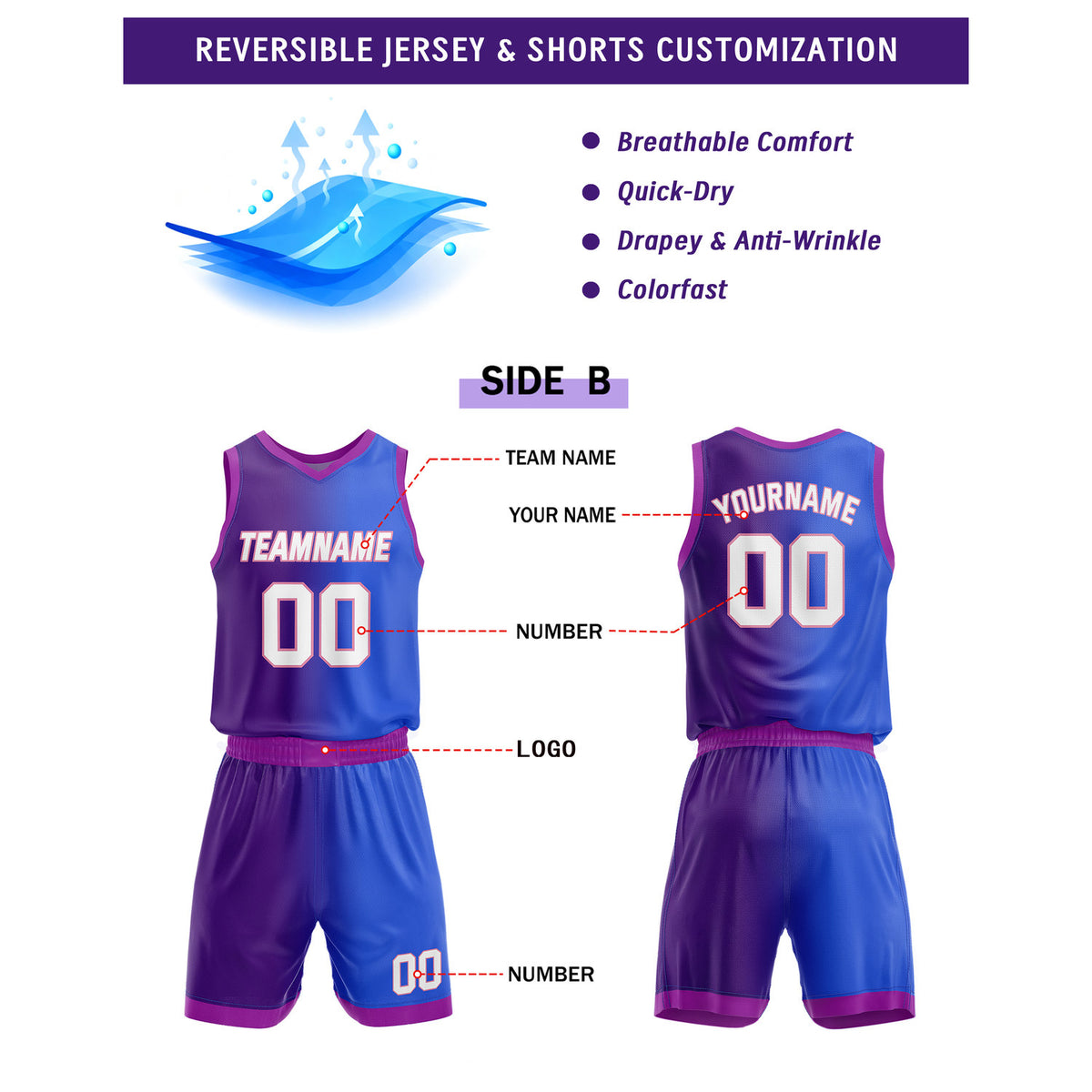 Custom Reversible Blue Pink Purple Basketball Uniform Set | Team & Player Name - Vosoli