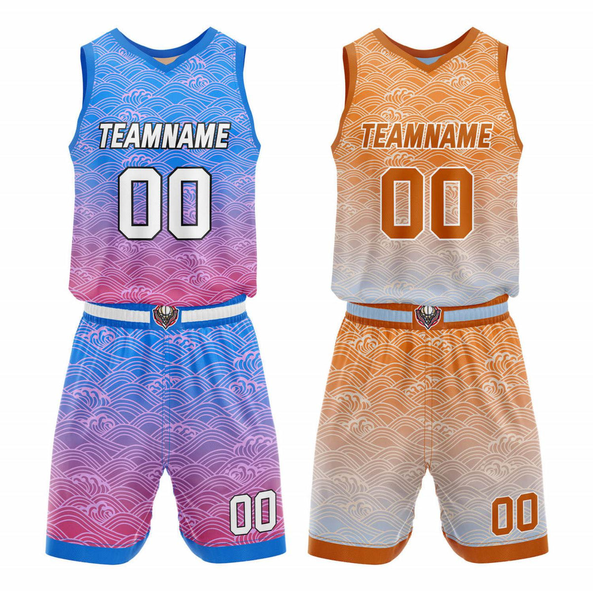 Custom Reversible Basketball Jersey + Shorts Set (Blue-Purple &amp; Orange-White Gradient Wave) - Personalized Team Name, Number &amp; LOGO | Vosoli