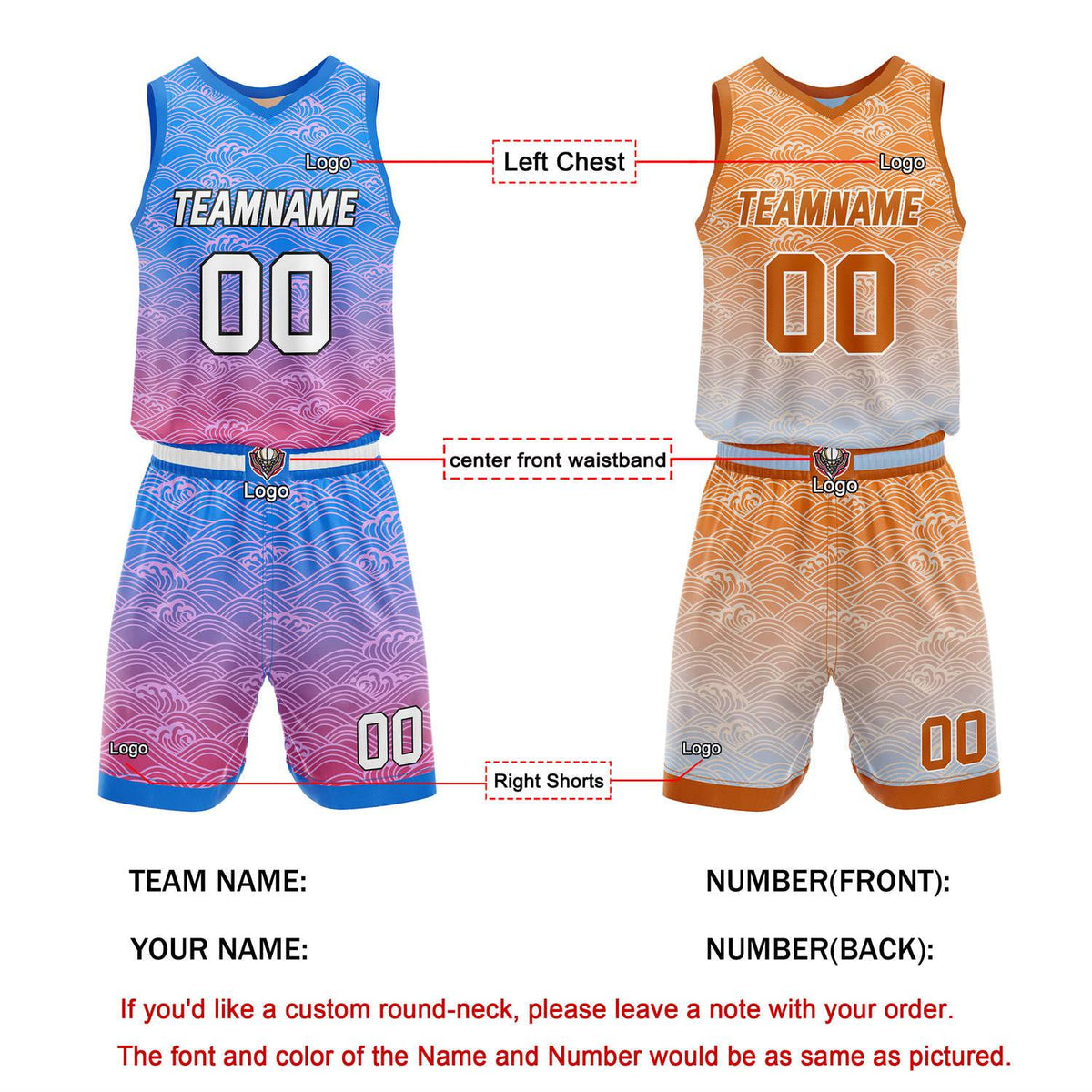 Custom Reversible Basketball Jersey + Shorts Set (Blue-Purple & Orange-White Gradient Wave) - Personalized Team Name, Number & LOGO | Vosoli