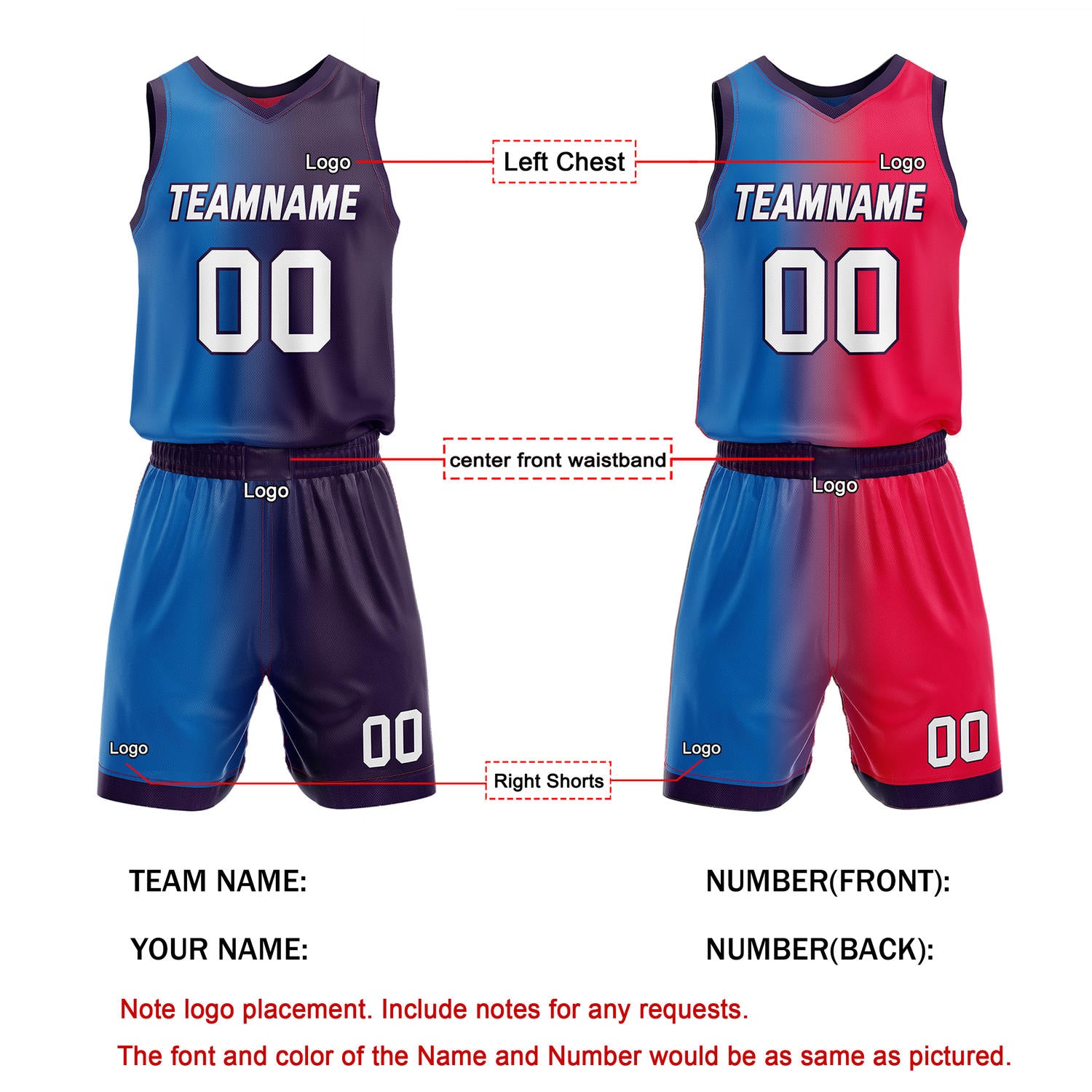 Custom Reversible Blue Purple Red Basketball Uniform Set | Team & Player Name - Vosoli