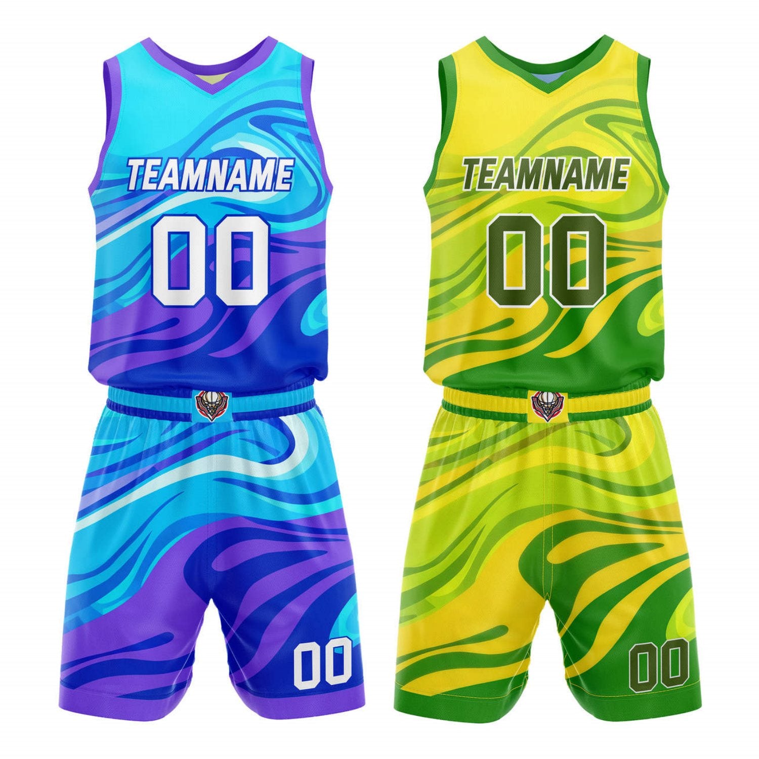 Custom Reversible Basketball Jersey + Shorts Set (Blue-Purple & Yellow-Green Wave) - Personalized Team Name, Number & LOGO | Vosoli