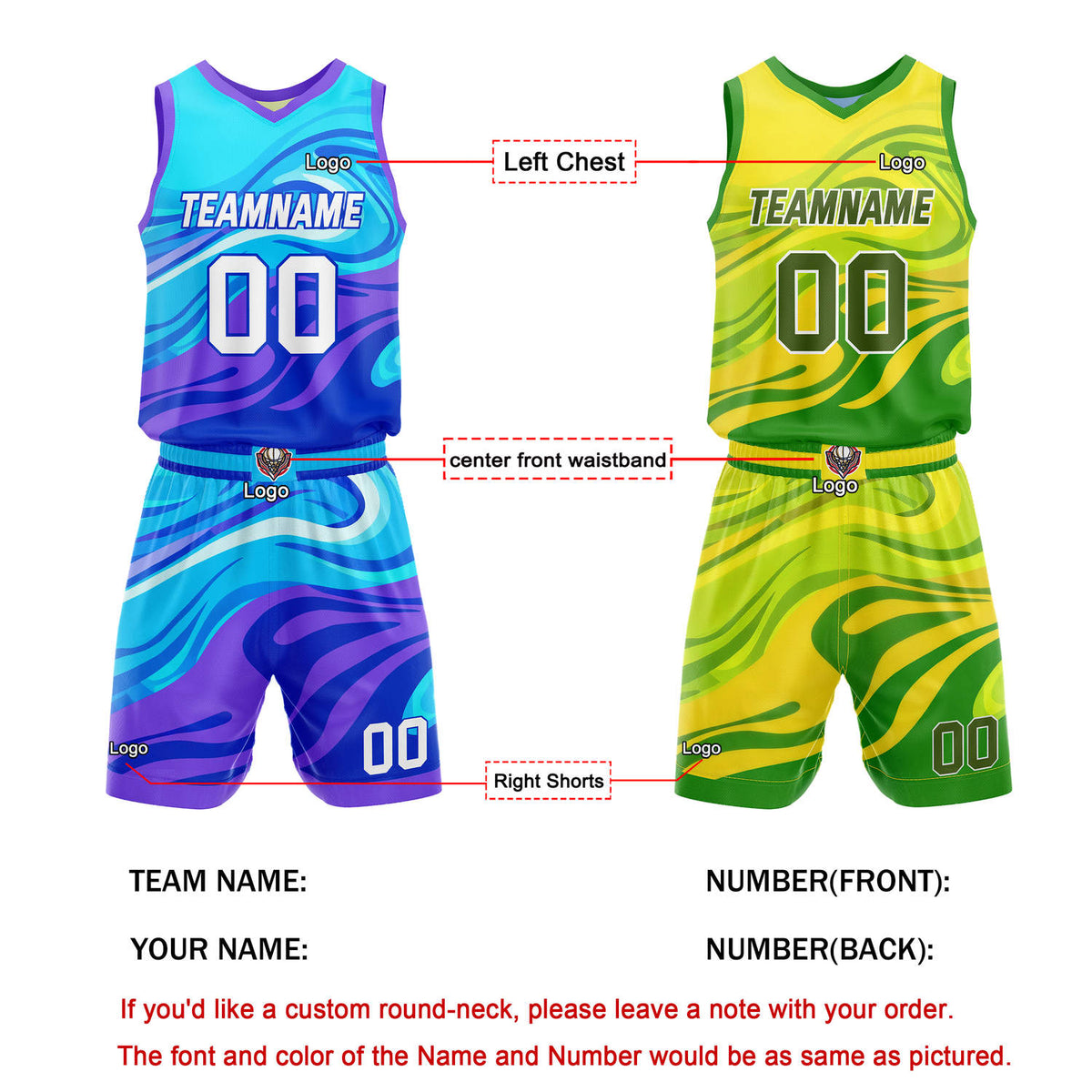 Custom Reversible Basketball Jersey + Shorts Set (Blue-Purple & Yellow-Green Wave) - Personalized Team Name, Number & LOGO | Vosoli