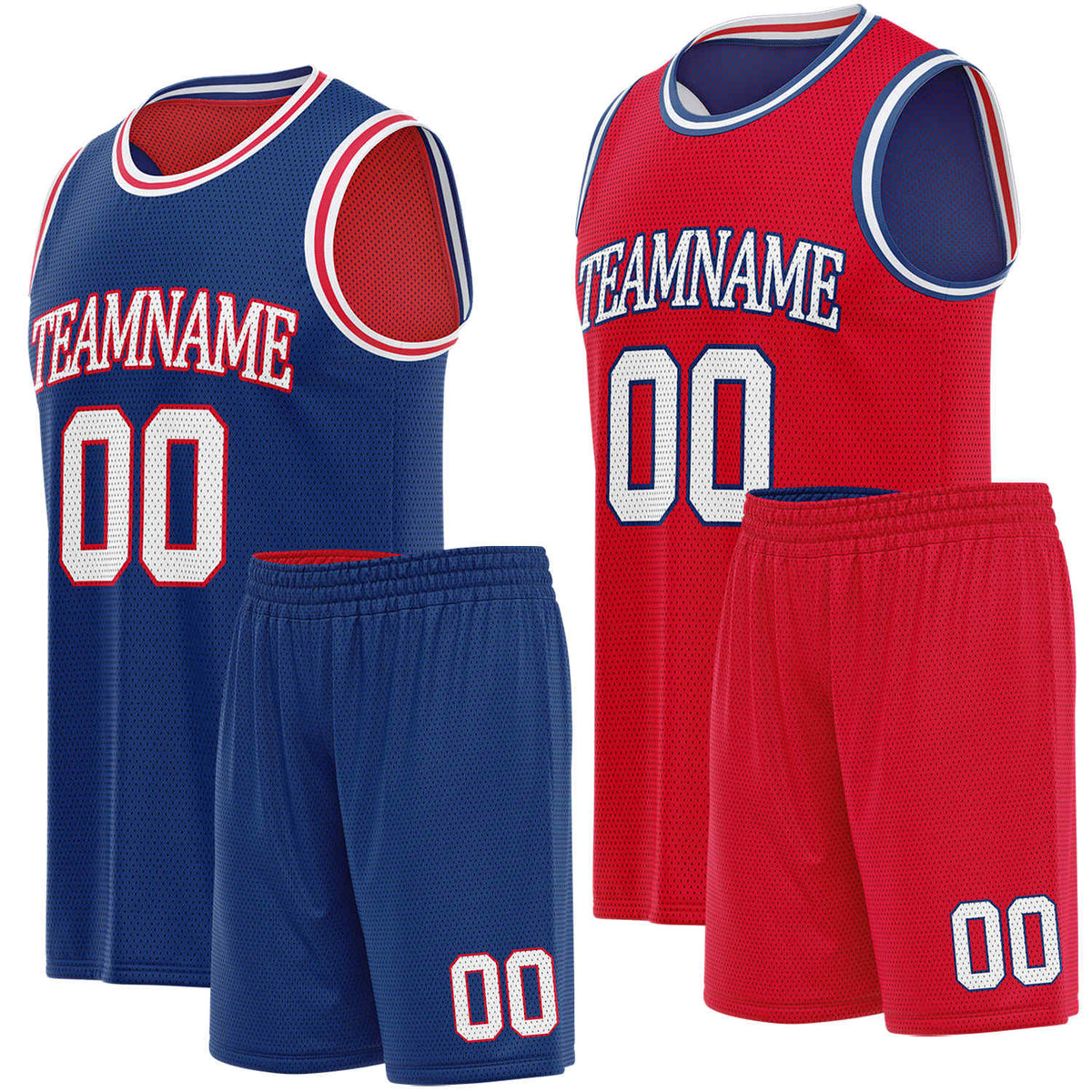 Custom reversible blue &amp; red basketball uniform set, personalized team name number logo breathable mesh sports jersey and shorts for men women youth game practice - Vosoli