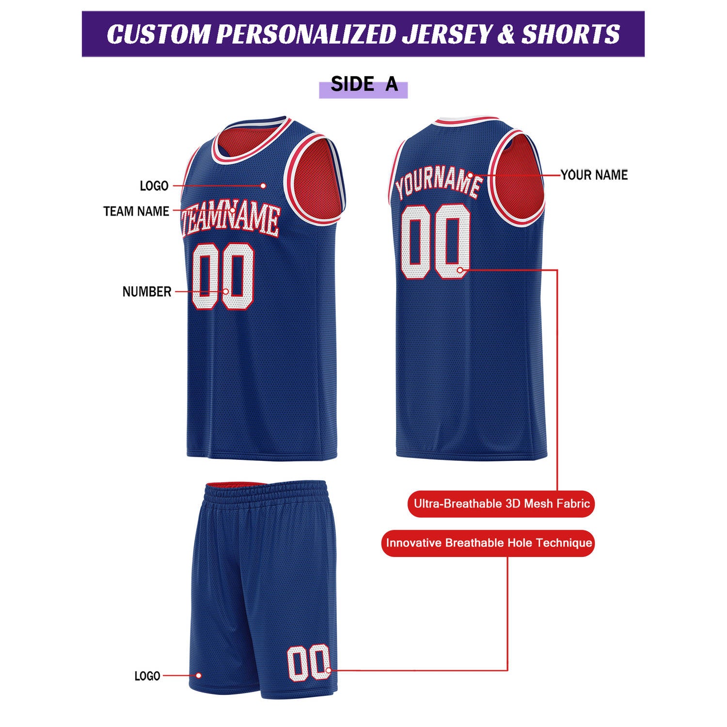 Custom Reversible Blue & Red Basketball Uniform Set | Personalized for Team Sports Practice - Vosoli