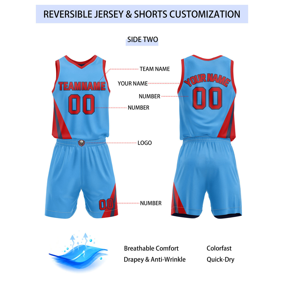 Custom Reversible Blue Red Basketball Uniform Set | Team & Player Name - Vosoli