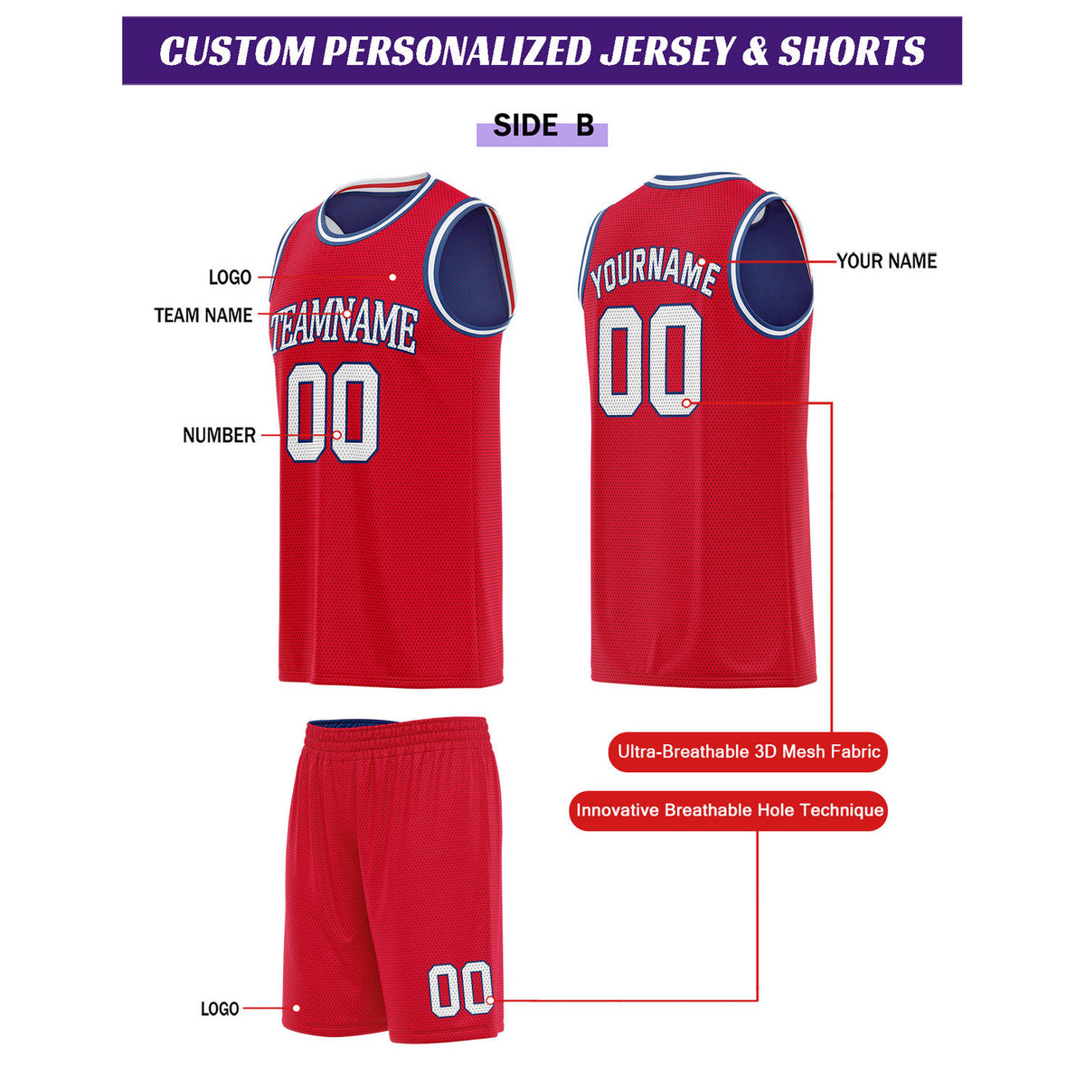 Custom Reversible Blue & Red Basketball Uniform Set | Personalized for Team Sports Practice - Vosoli