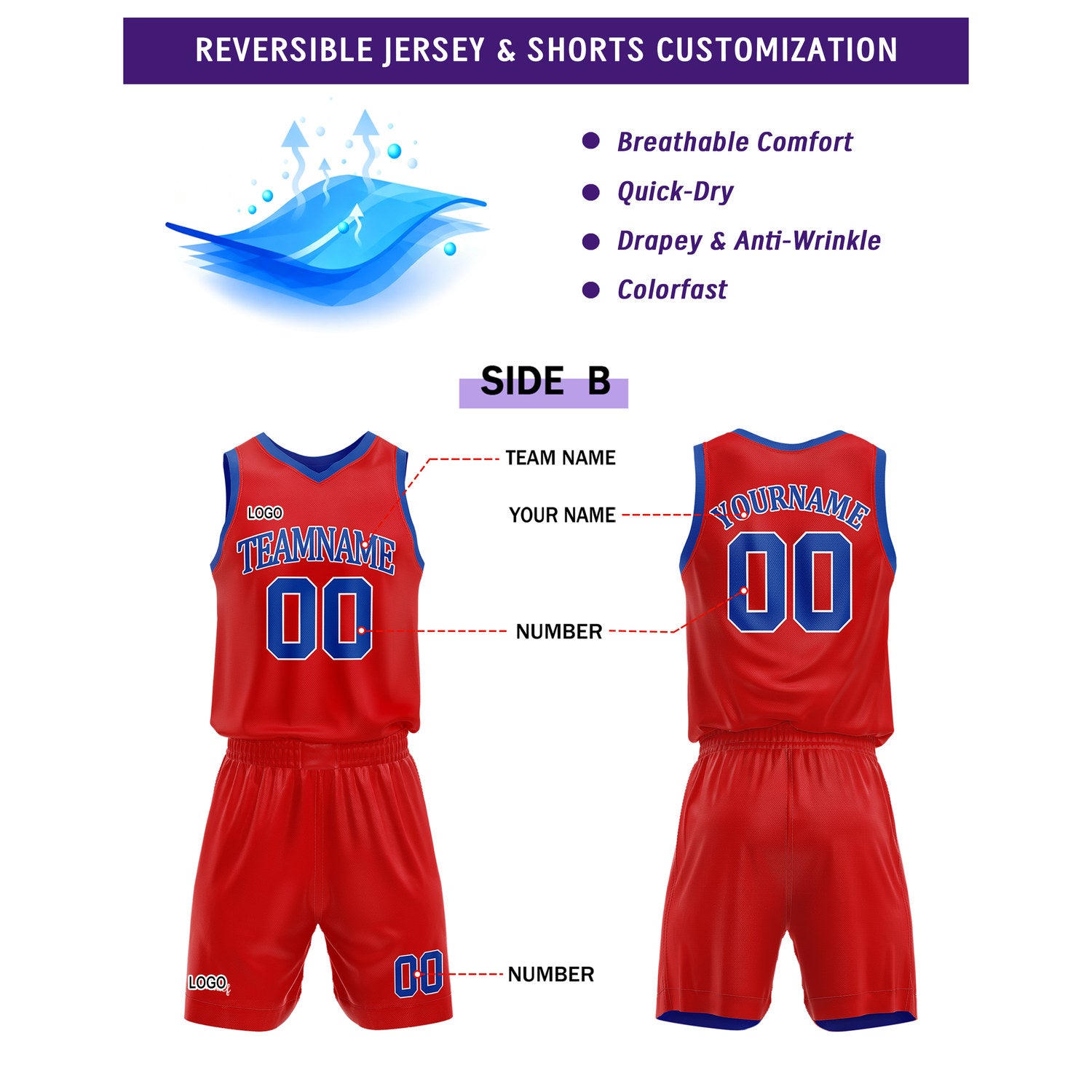 Custom Reversible Blue Red Basketball Uniform Set | Team Name & Number - Vosoli