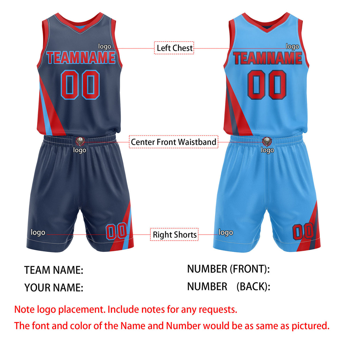 Custom Reversible Blue Red Basketball Uniform Set | Team & Player Name - Vosoli
