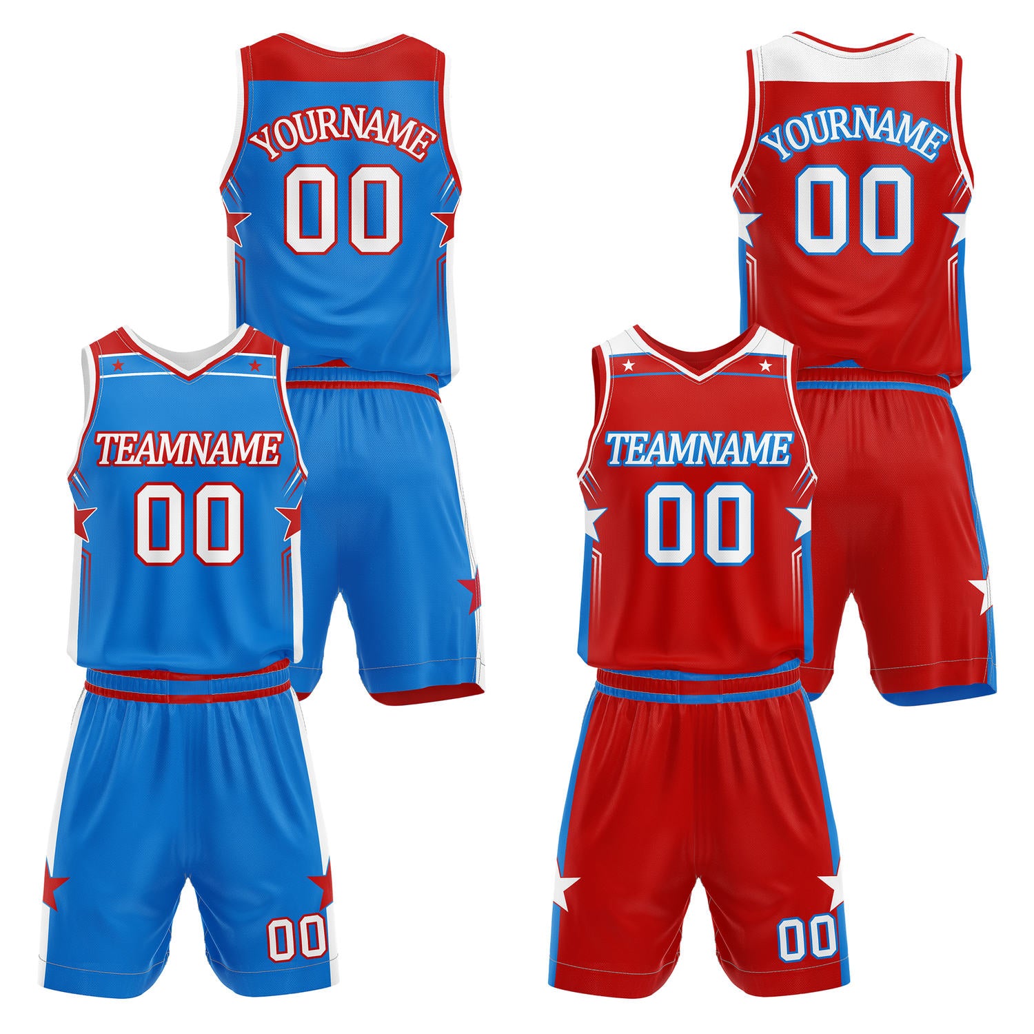 Custom reversible blue & red basketball uniform set, personalized with team name number and logo, breathable mesh fabric for men women youth game practice - Vosoli
