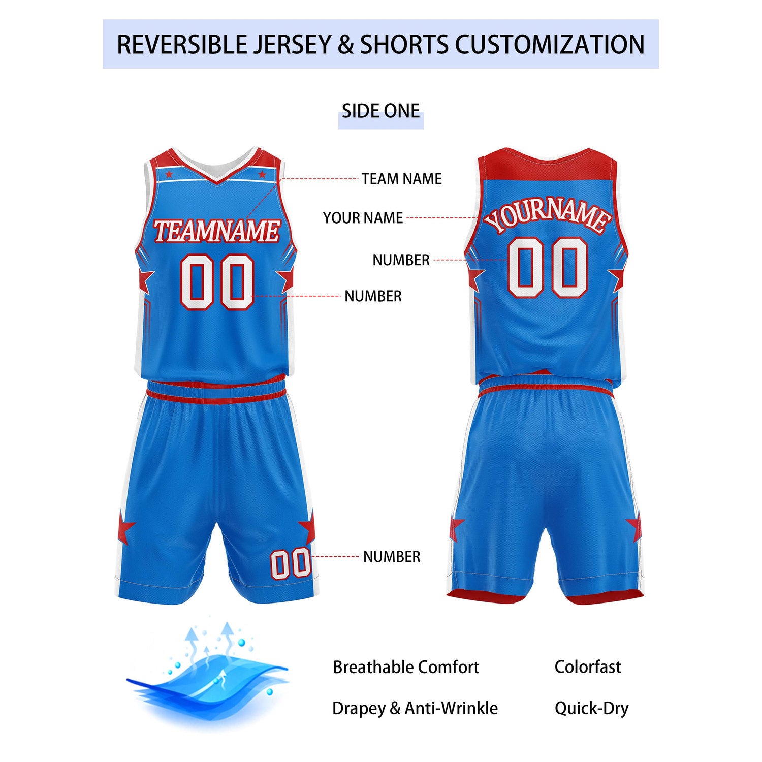 Custom Reversible Blue Red Star Basketball Uniform Set | Team Name & Number - Vosoli