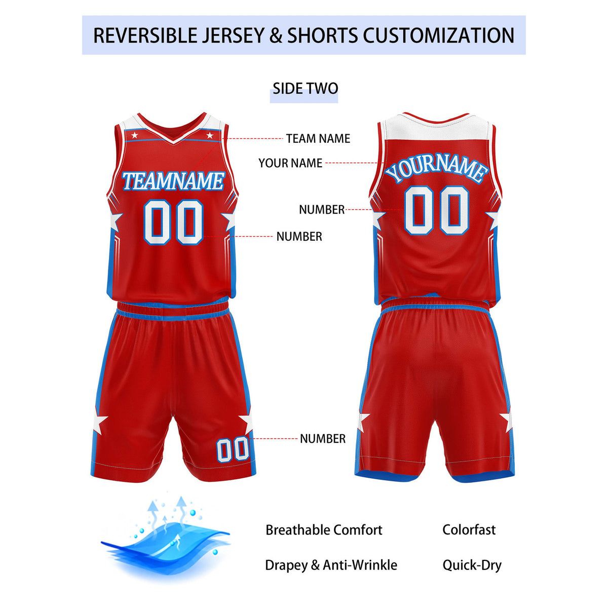 Custom Reversible Blue Red Star Basketball Uniform Set | Team Name & Number - Vosoli