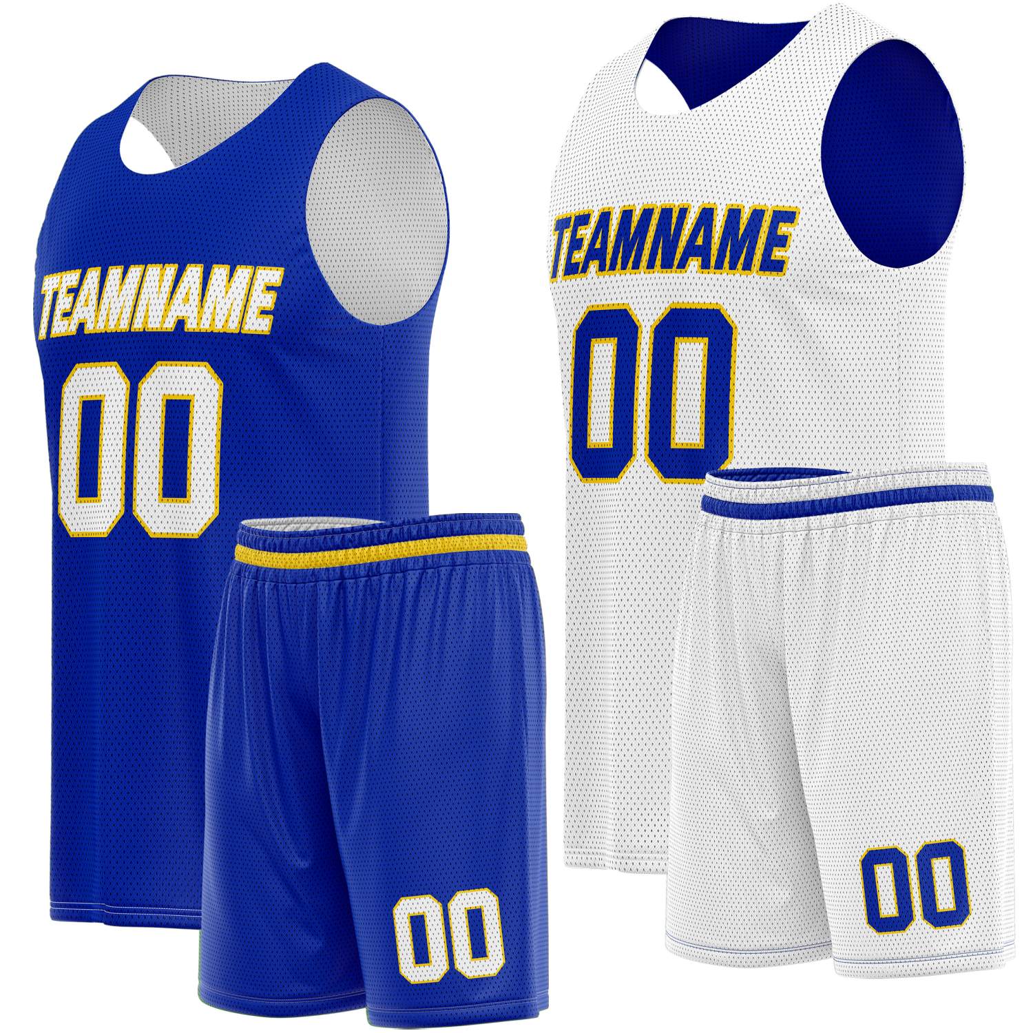Custom Reversible Royal Blue White Basketball Jersey Shorts Set, Personalized Team Name Number Breathable Mesh Uniform for Men Women Youth