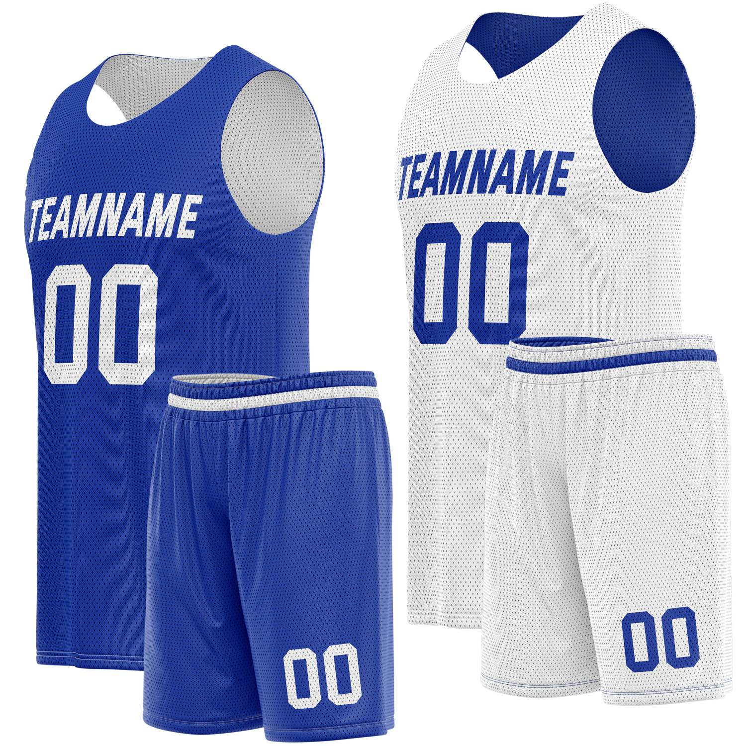 Custom Reversible Royal Blue White Basketball Jersey Shorts Set, Personalized Team Name Number Breathable Mesh Uniform for Men Women Youth