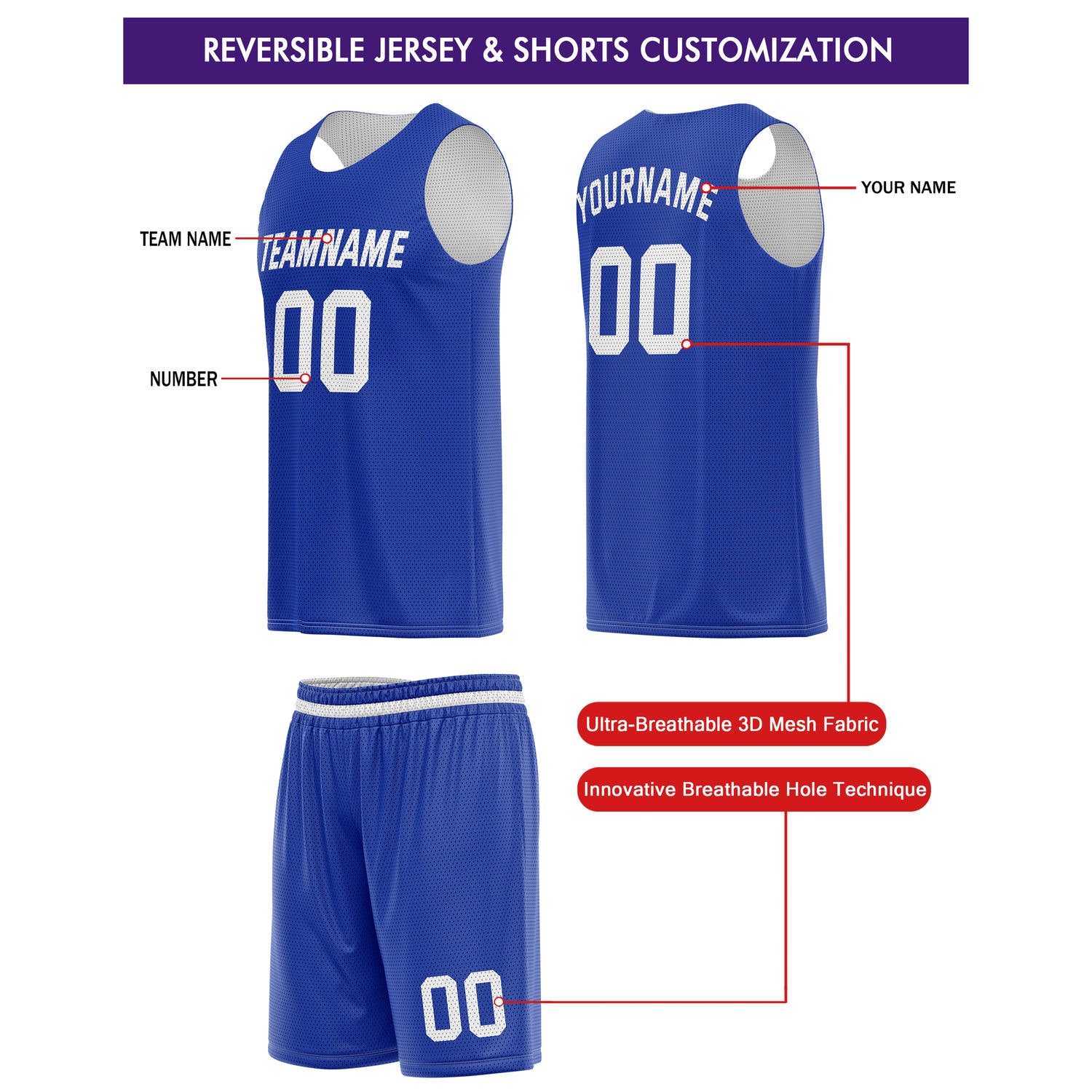 Custom Reversible Royal Blue White Basketball Jersey Shorts Set, Personalized Team Name Number Breathable Mesh Uniform for Men Women Youth