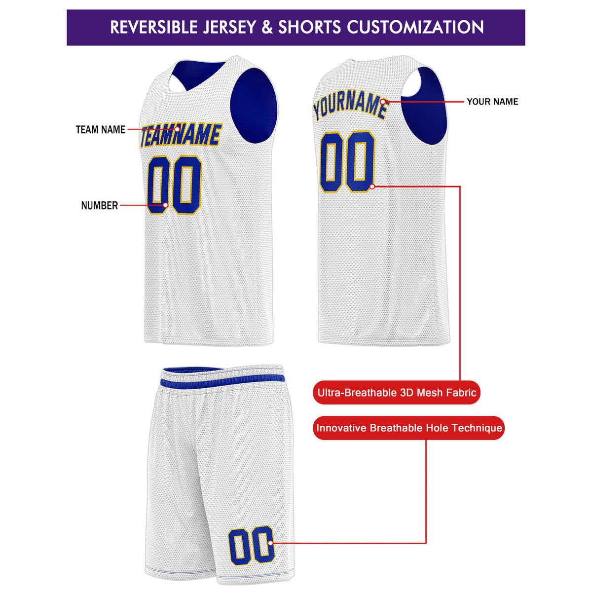 Custom Reversible Blue White Gold Basketball Jersey & Shorts Set | Personalized Team Kit | Vosoli