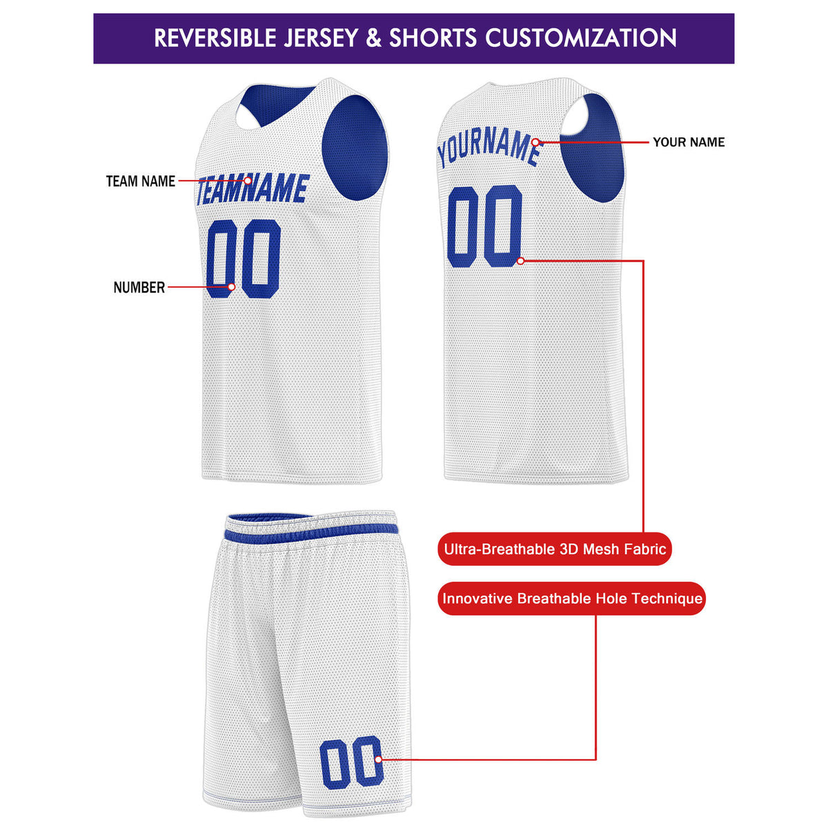 Custom Reversible Blue White Basketball Jersey & Shorts Set | Personalized Team Kit | Vosoli