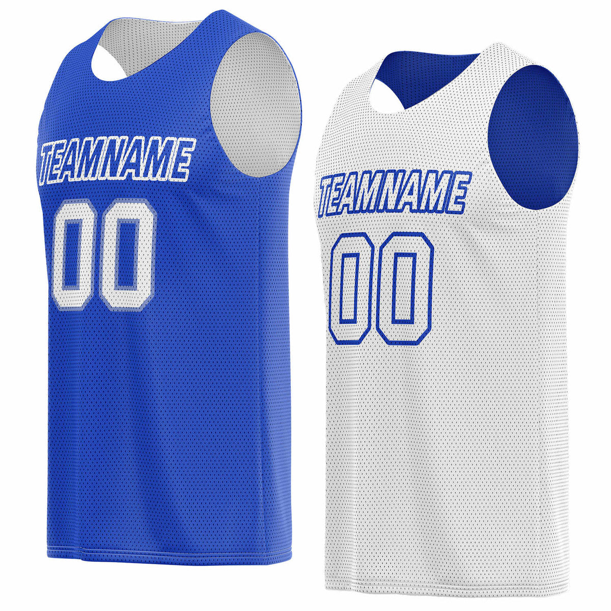 Custom reversible blue &amp; white basketball jersey, personalized team name number logo breathable mesh sports top for men women youth game practice wear - Vosoli