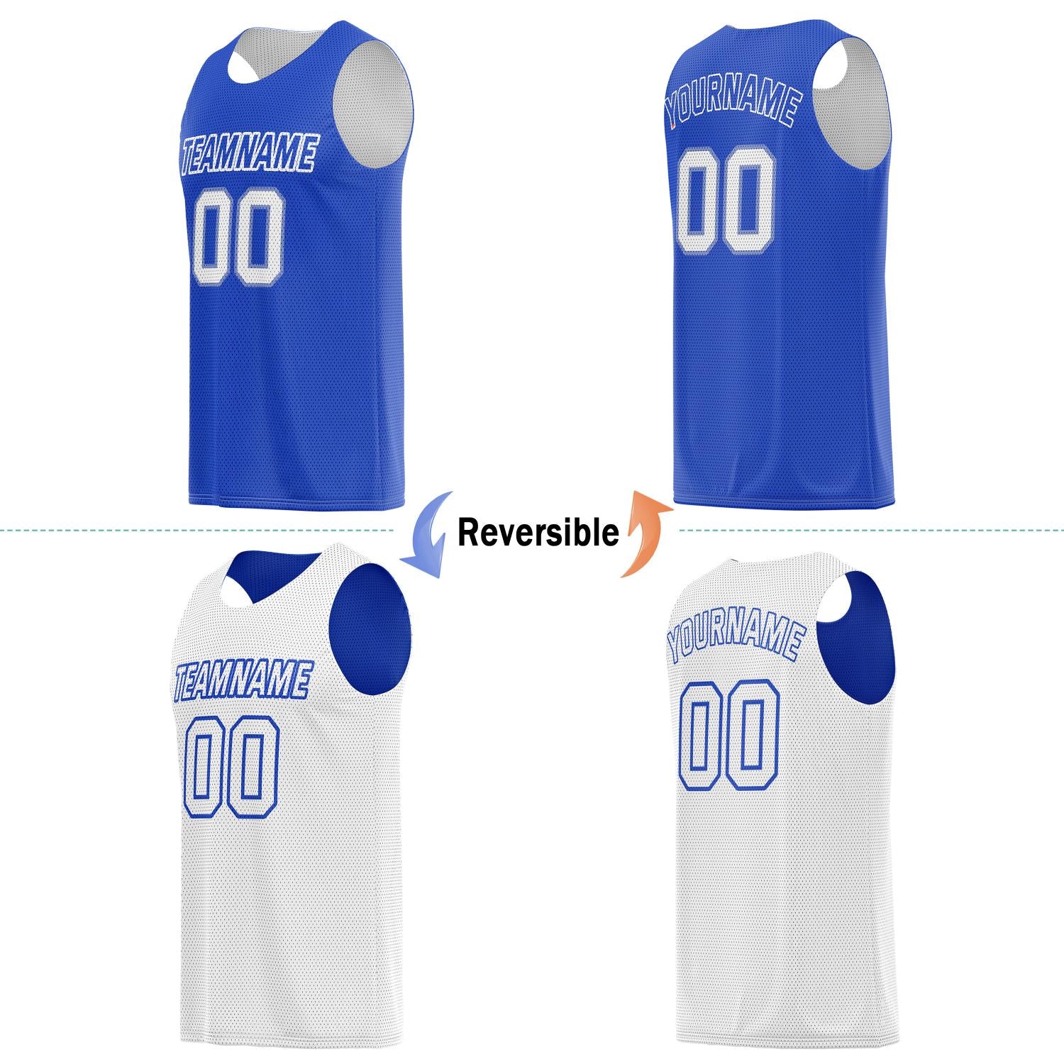 Custom reversible blue & white basketball jersey, personalized team name number logo breathable mesh sports top for men women youth game practice wear - Vosoli