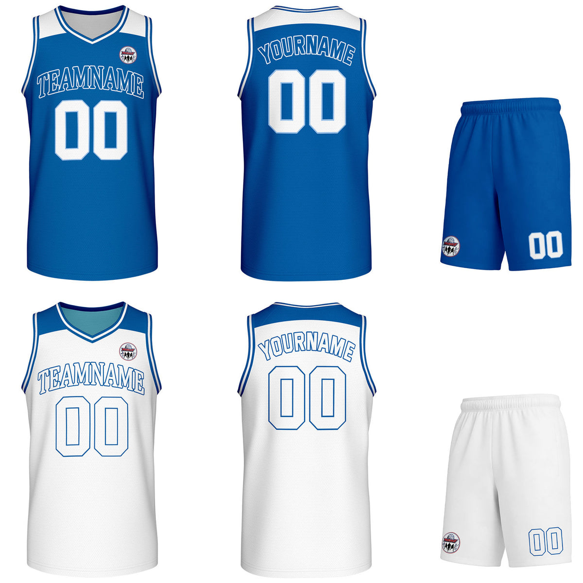 Custom reversible blue &amp; white basketball uniform set, personalized with team name number and logo, breathable mesh fabric for men women youth game practice - Vosoli