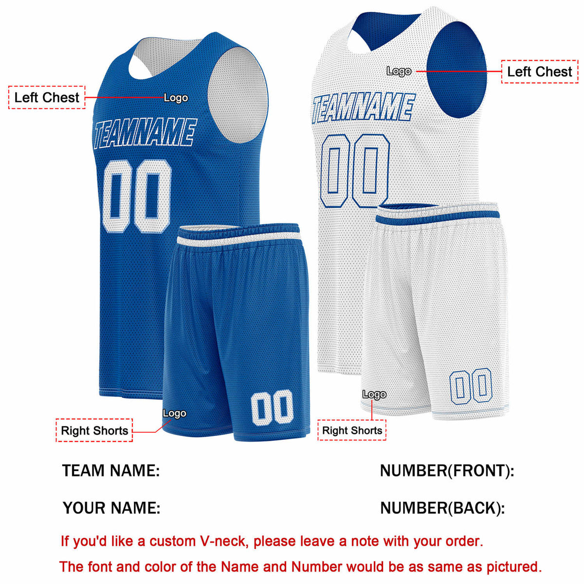 Custom Reversible Blue White Basketball Uniform Set | Team Name & Number - Vosoli