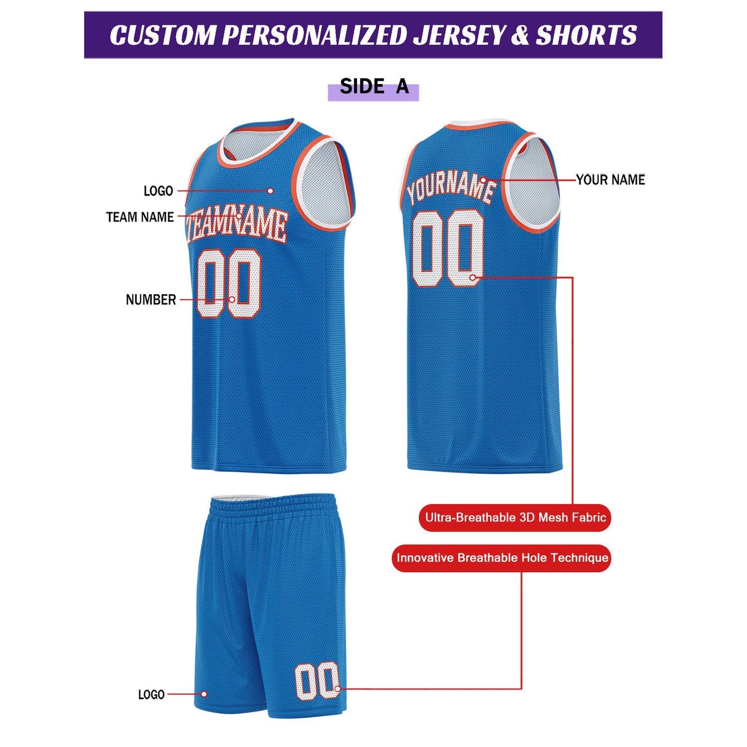 Custom Reversible Blue & White Basketball Uniform Set | Personalized for Team Sports Practice - Vosoli