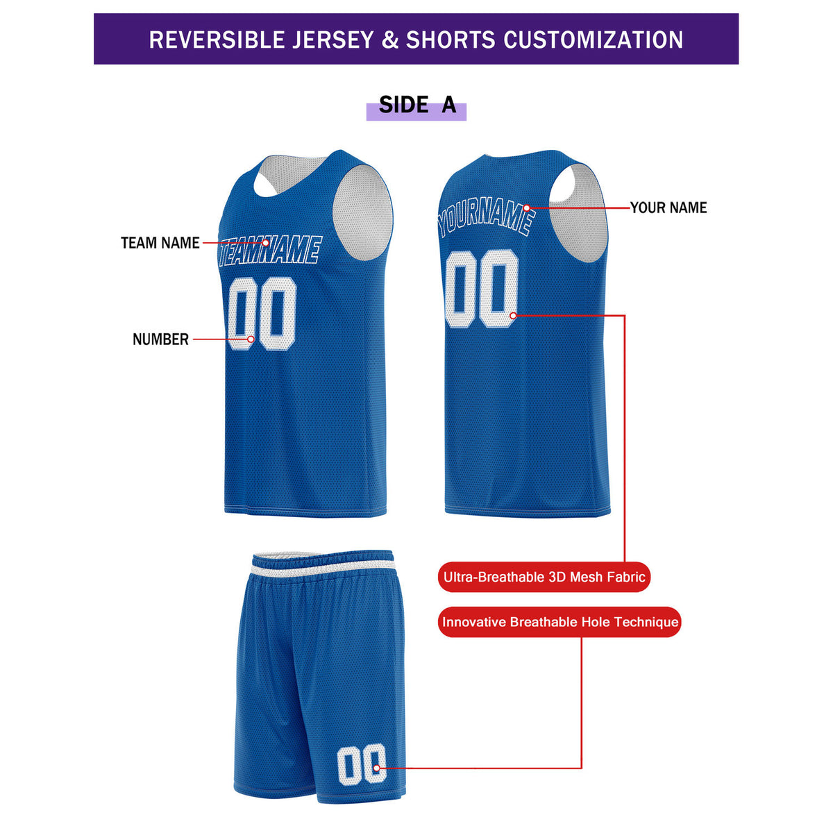 Custom Reversible Blue White Basketball Uniform Set | Team Name & Number - Vosoli