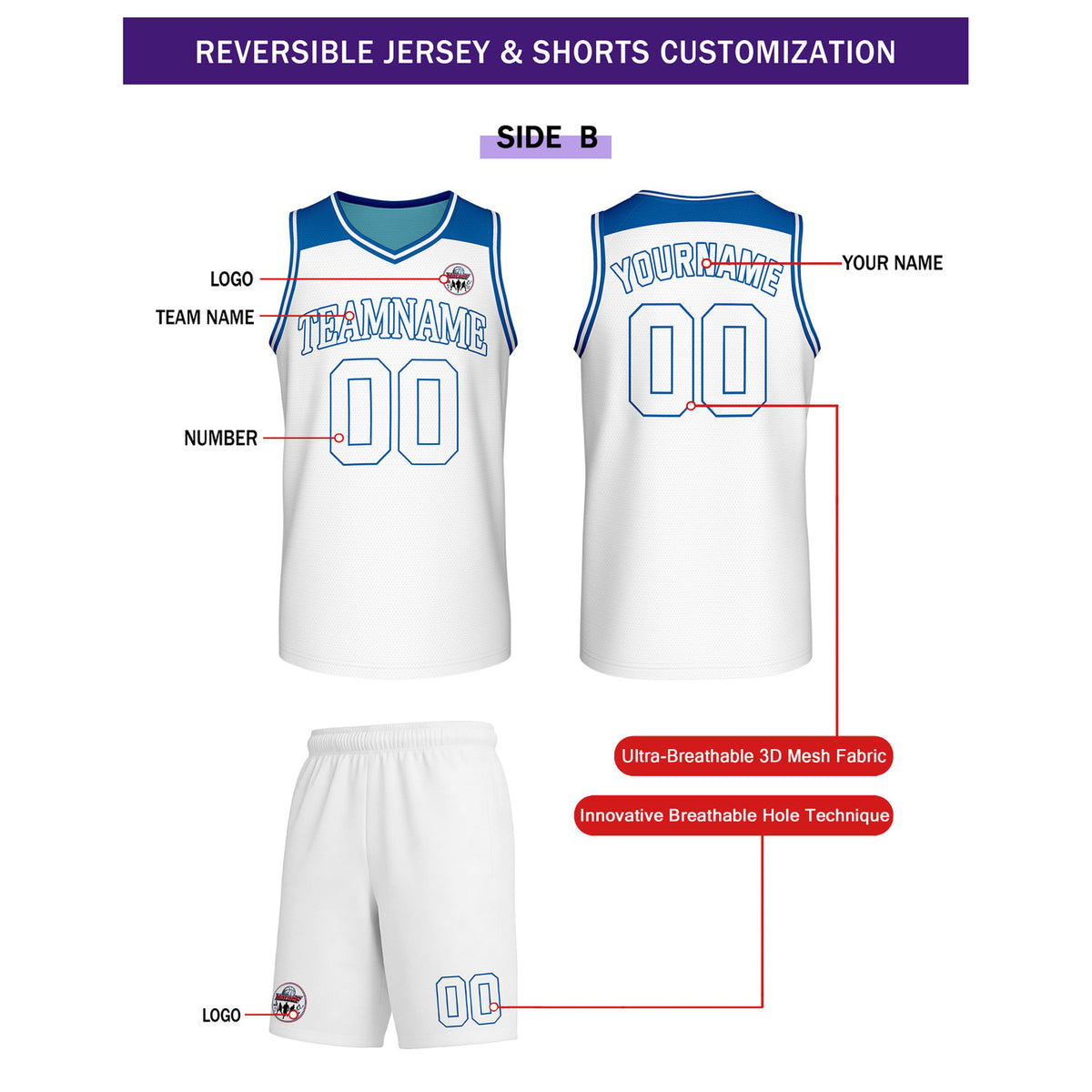 Custom Reversible Blue White Basketball Uniform Set | Team Name & Number - Vosoli