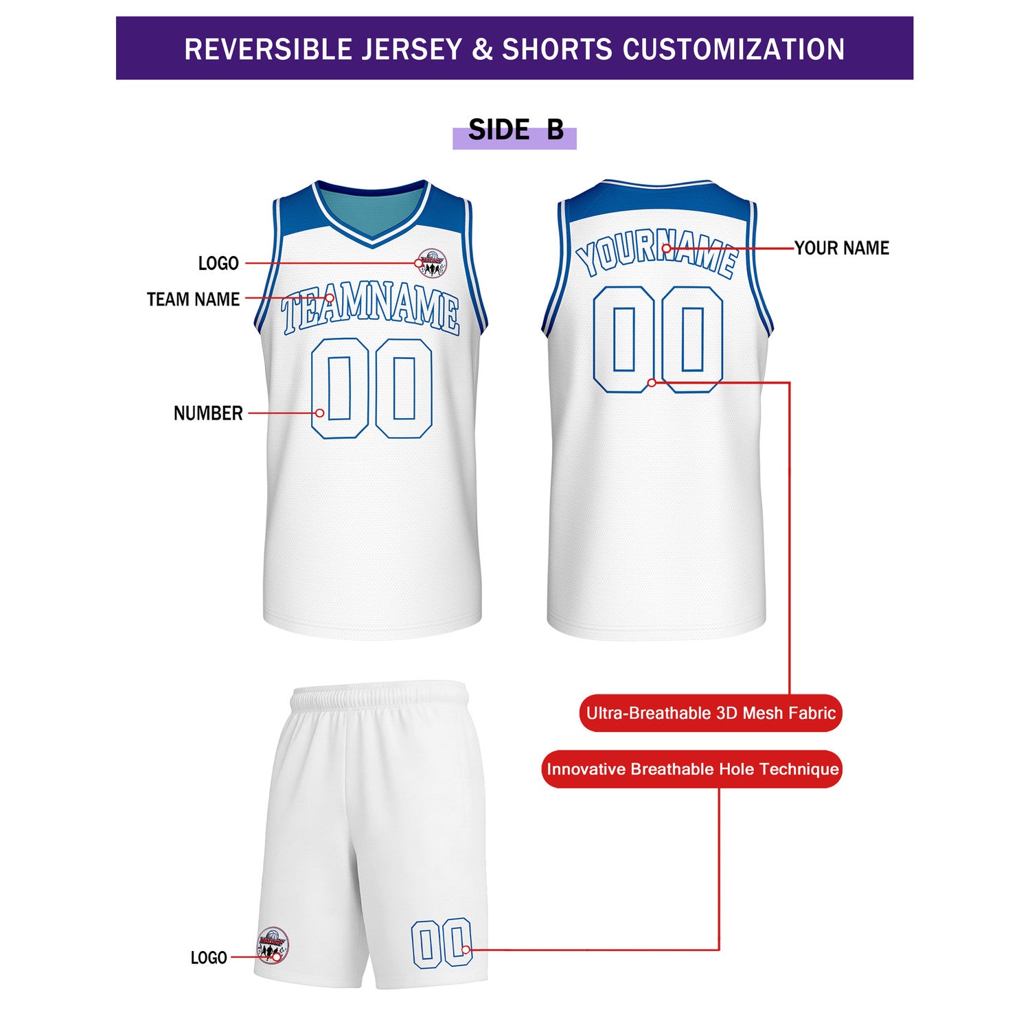 Custom Reversible Blue White Basketball Uniform Set | Team Name & Number - Vosoli