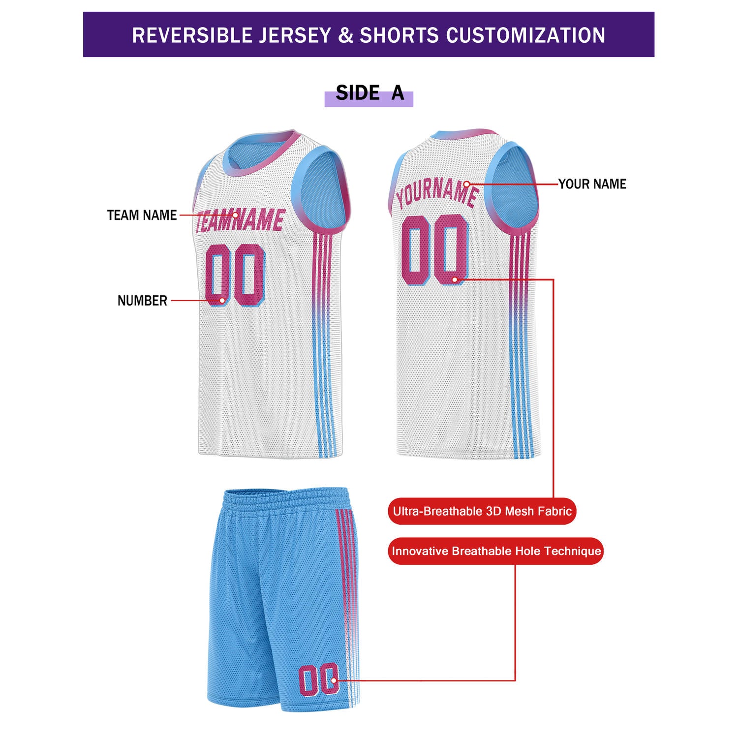Custom Reversible Blue White Basketball Uniform Set | Team & Player Name - Vosoli
