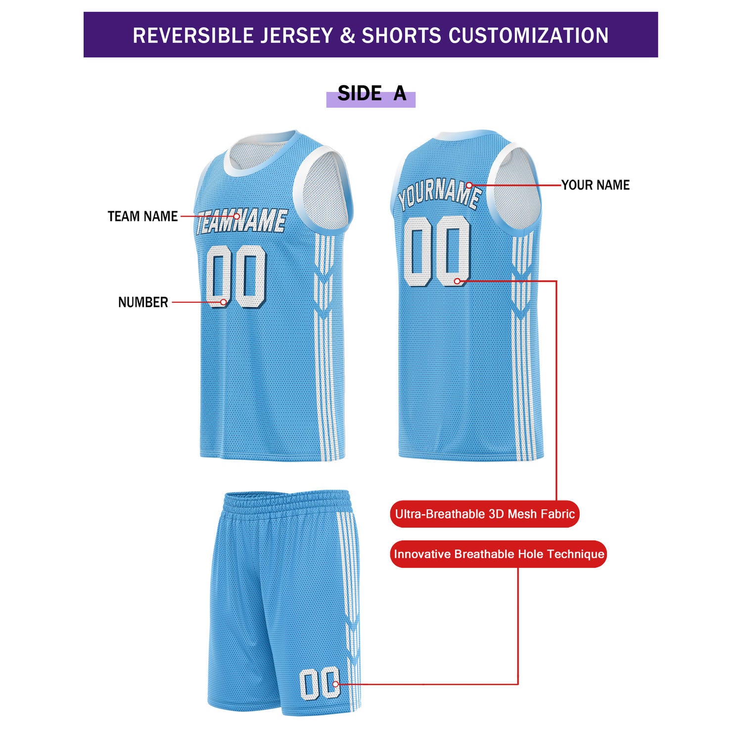 Custom Reversible Blue White Basketball Uniform Set | Team & Player Name - Vosoli
