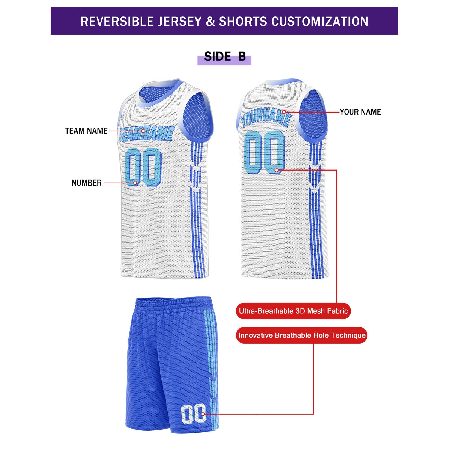 Custom Reversible Blue White Basketball Uniform Set | Team & Player Name - Vosoli