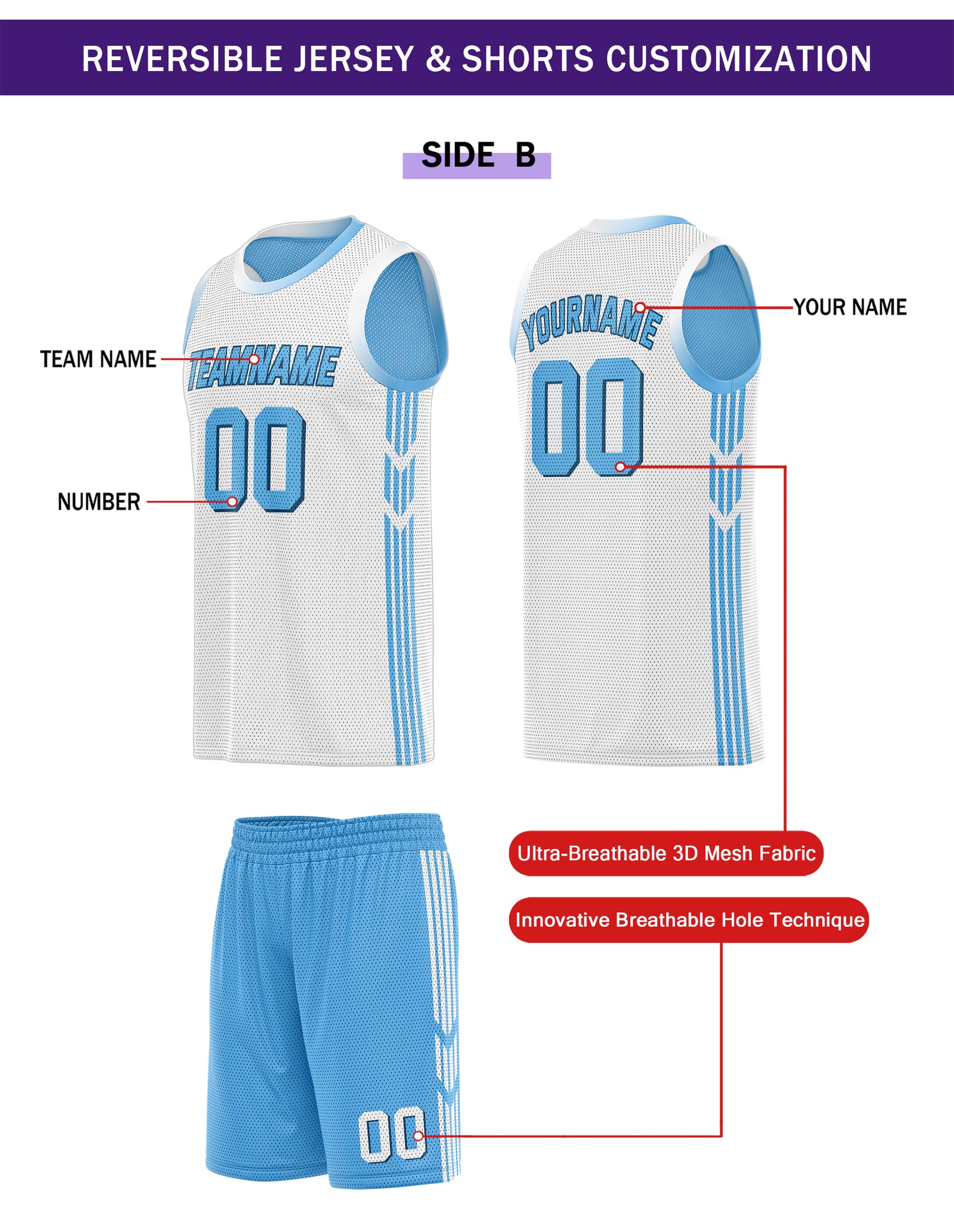 Custom Reversible Blue White Basketball Uniform Set | Team & Player Name - Vosoli
